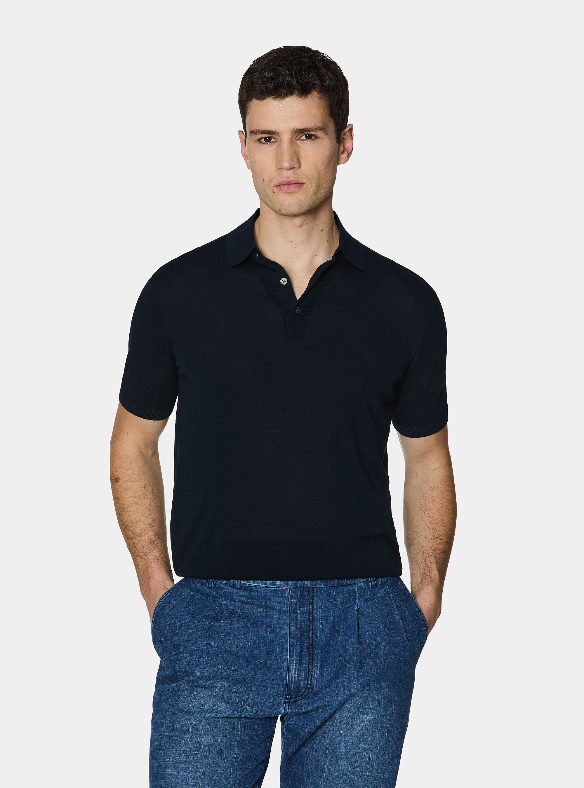 Cotton and silk polo shirt, NAVY BLUE