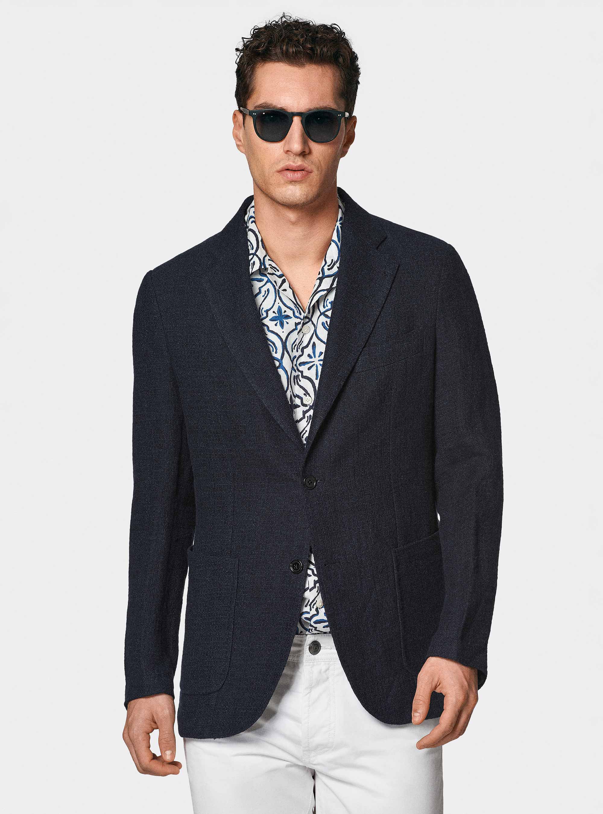 Linen crepe blazer, NAVY BLUE