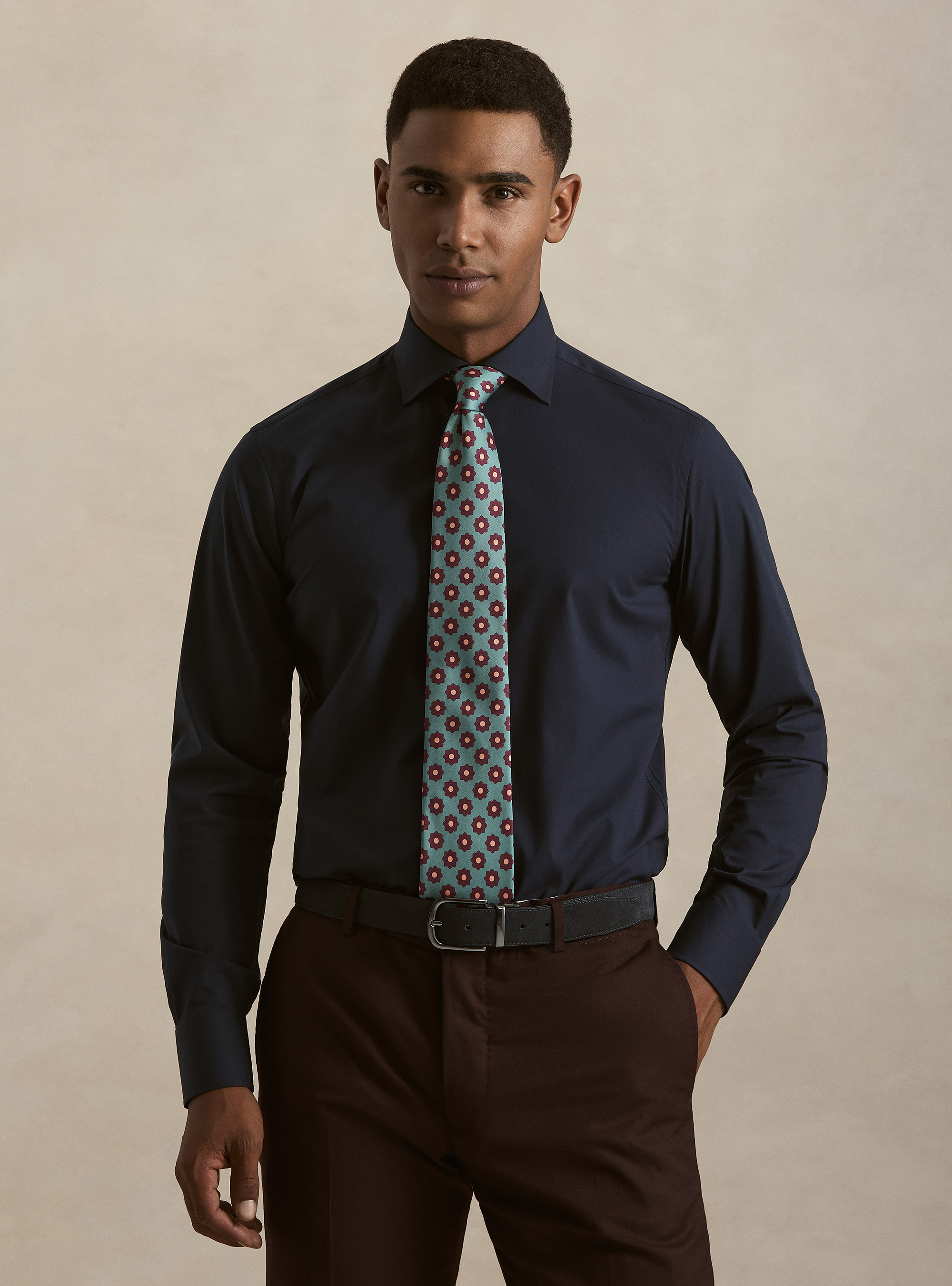 Camisa de popel&iacute;n de algod&oacute;n el&aacute;stico, AZUL MARINO