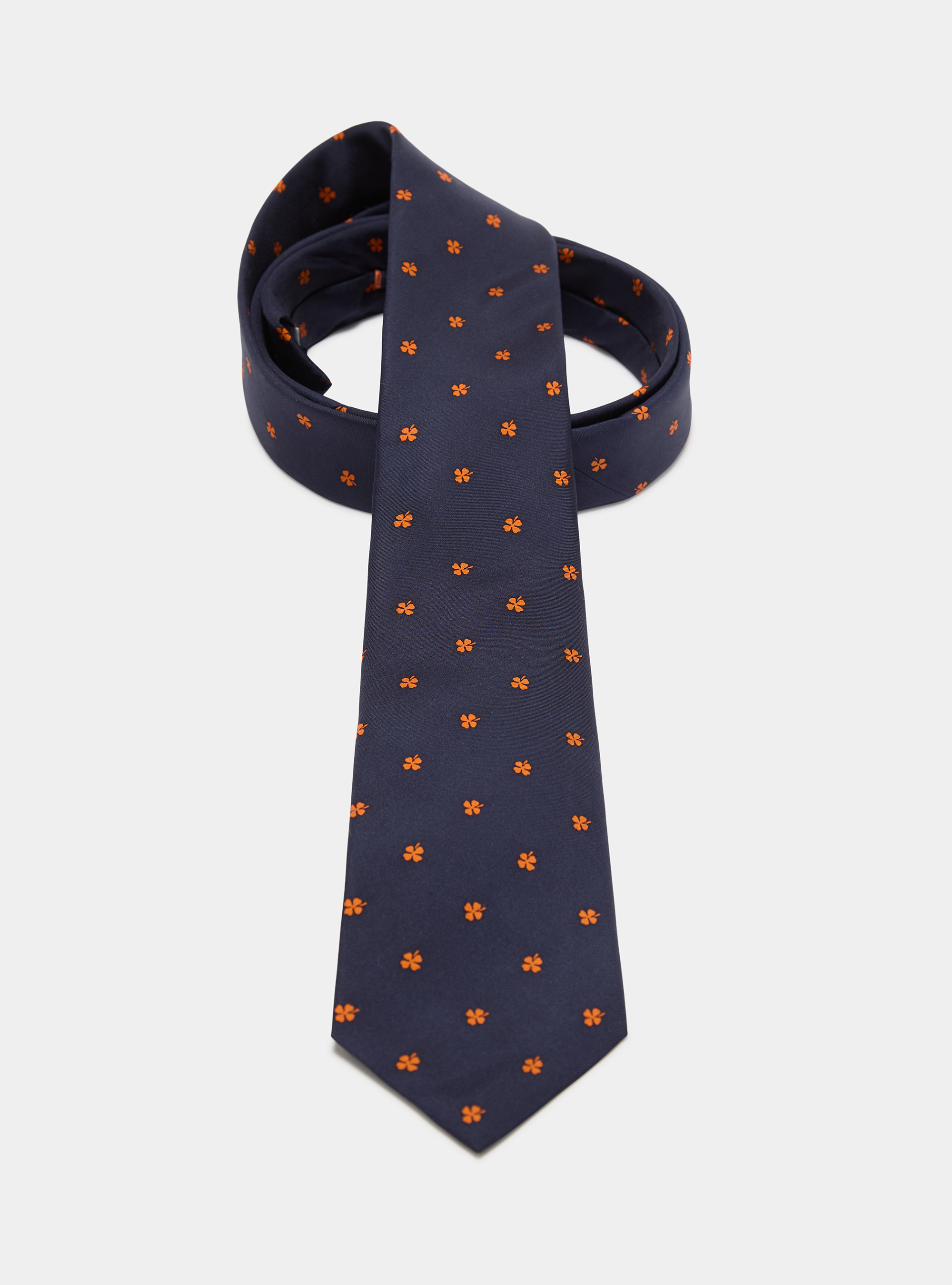 Corbata de seda con estampado de tr&eacute;bol de cuatro hojas, NAVY/ORANGE