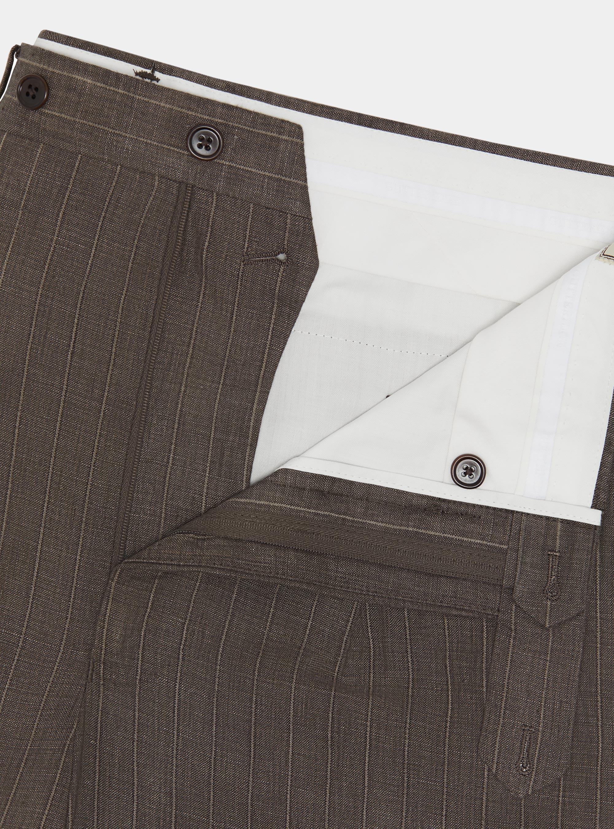 Double-breasted pinstripe suit trousers in delav&eacute; linen, BROWN