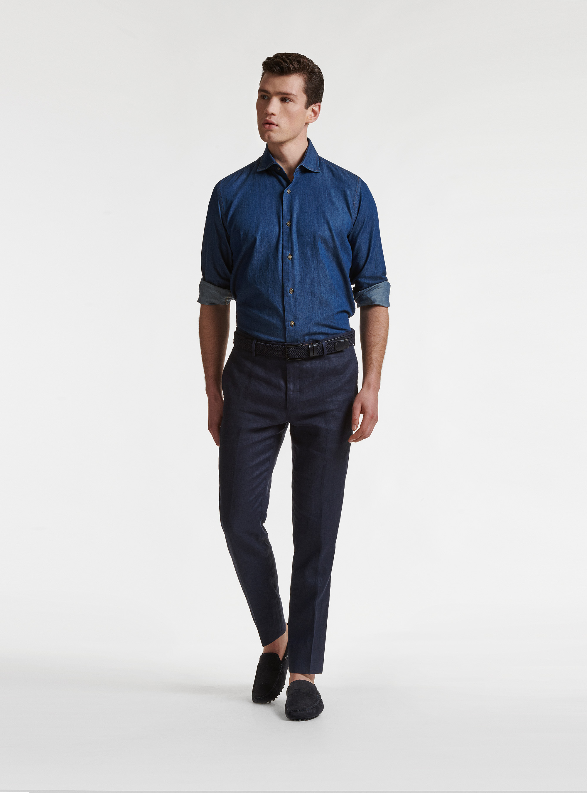 Pure linen suit trousers, NAVY BLUE