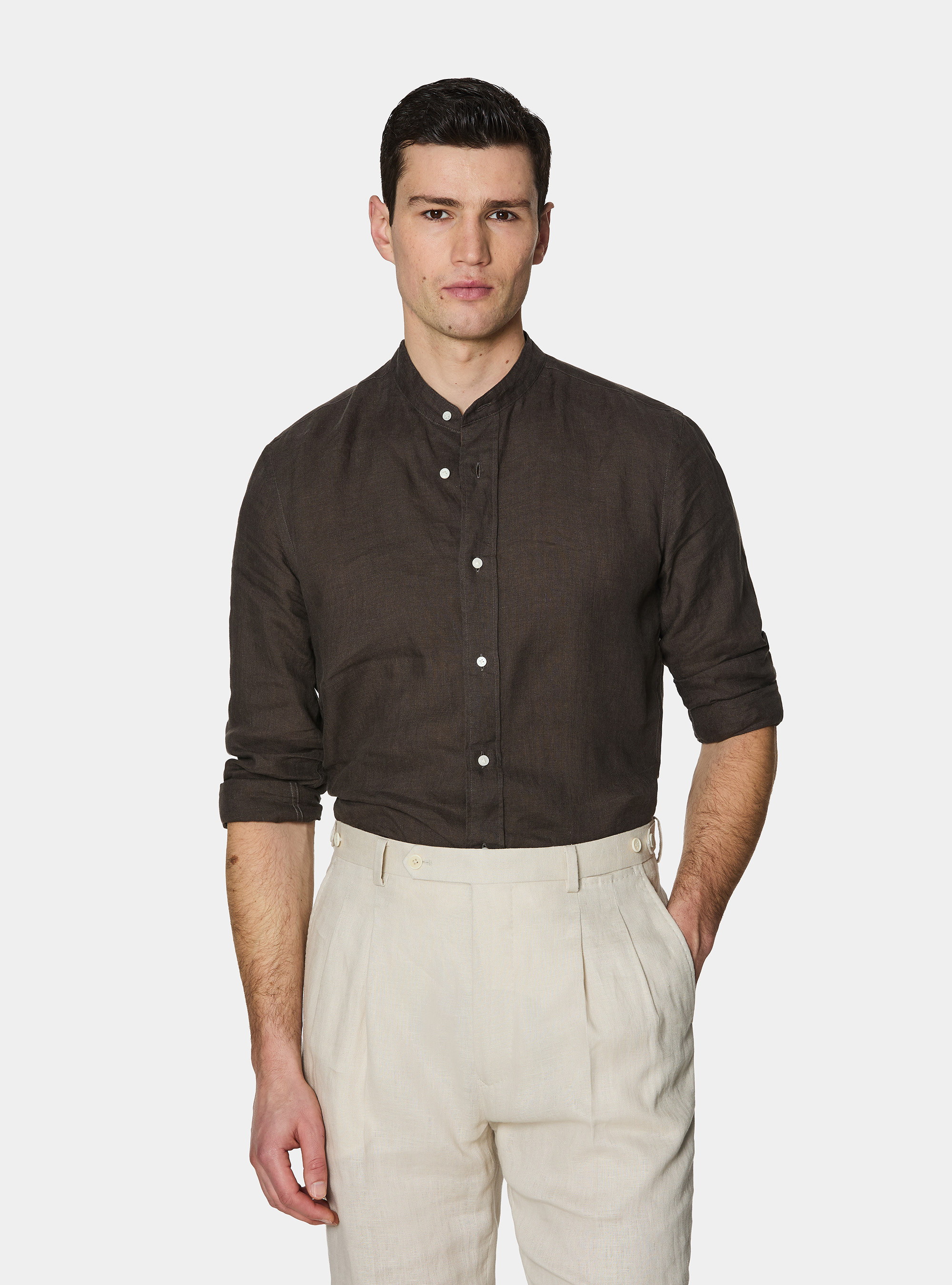 Korean shirt in pure linen, BROWN