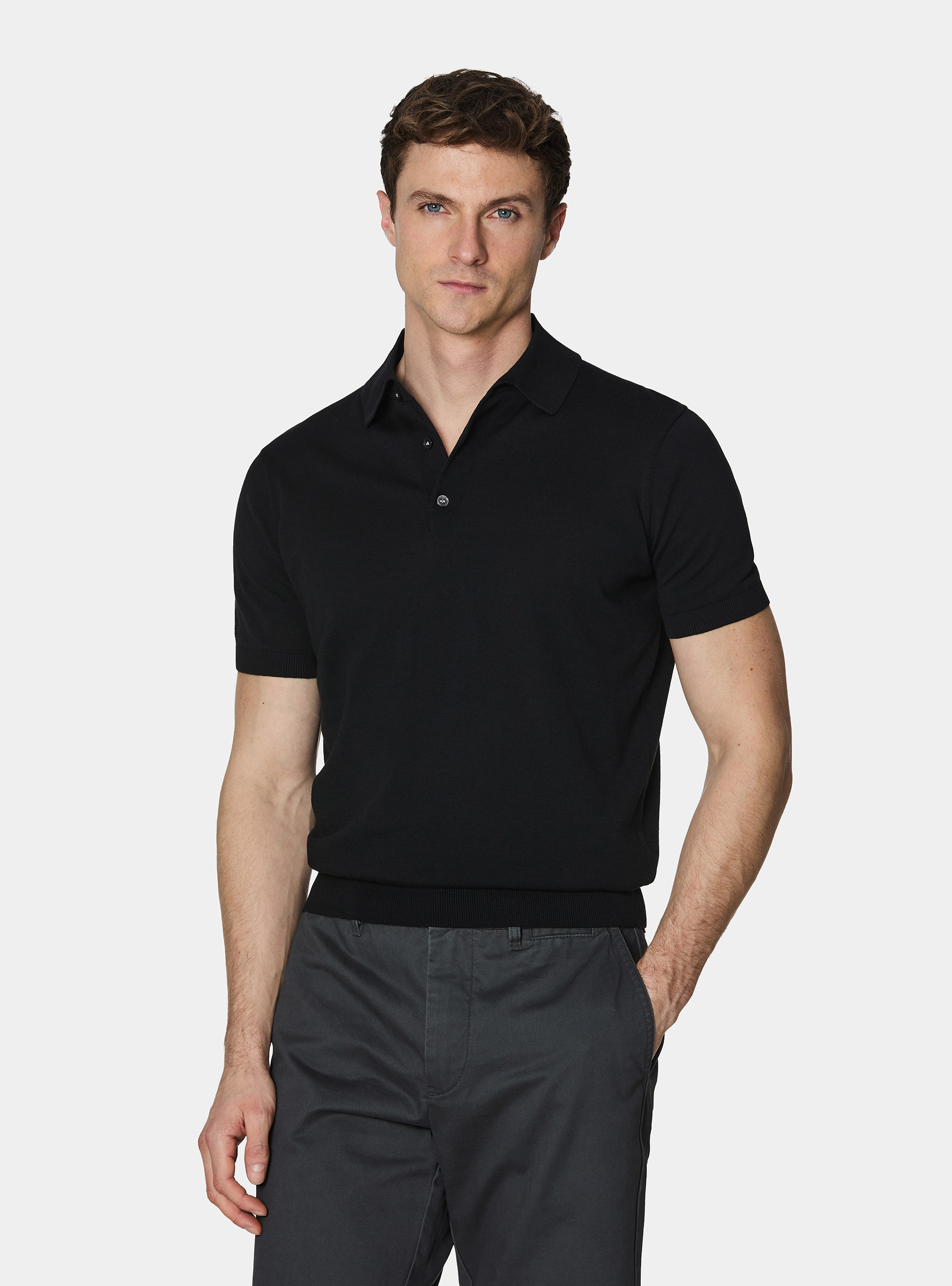 Extra-fine cotton knit polo shirt, BLACK
