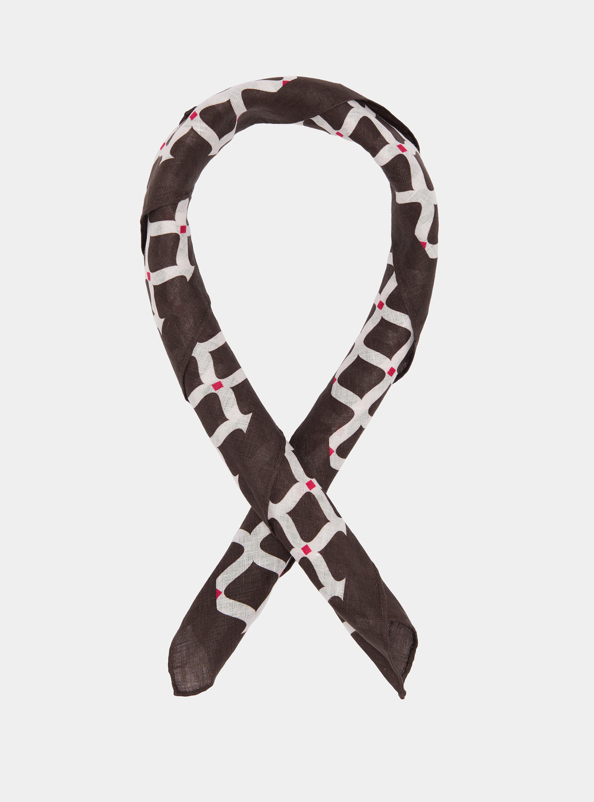 Geometric print linen foulard, BROWN