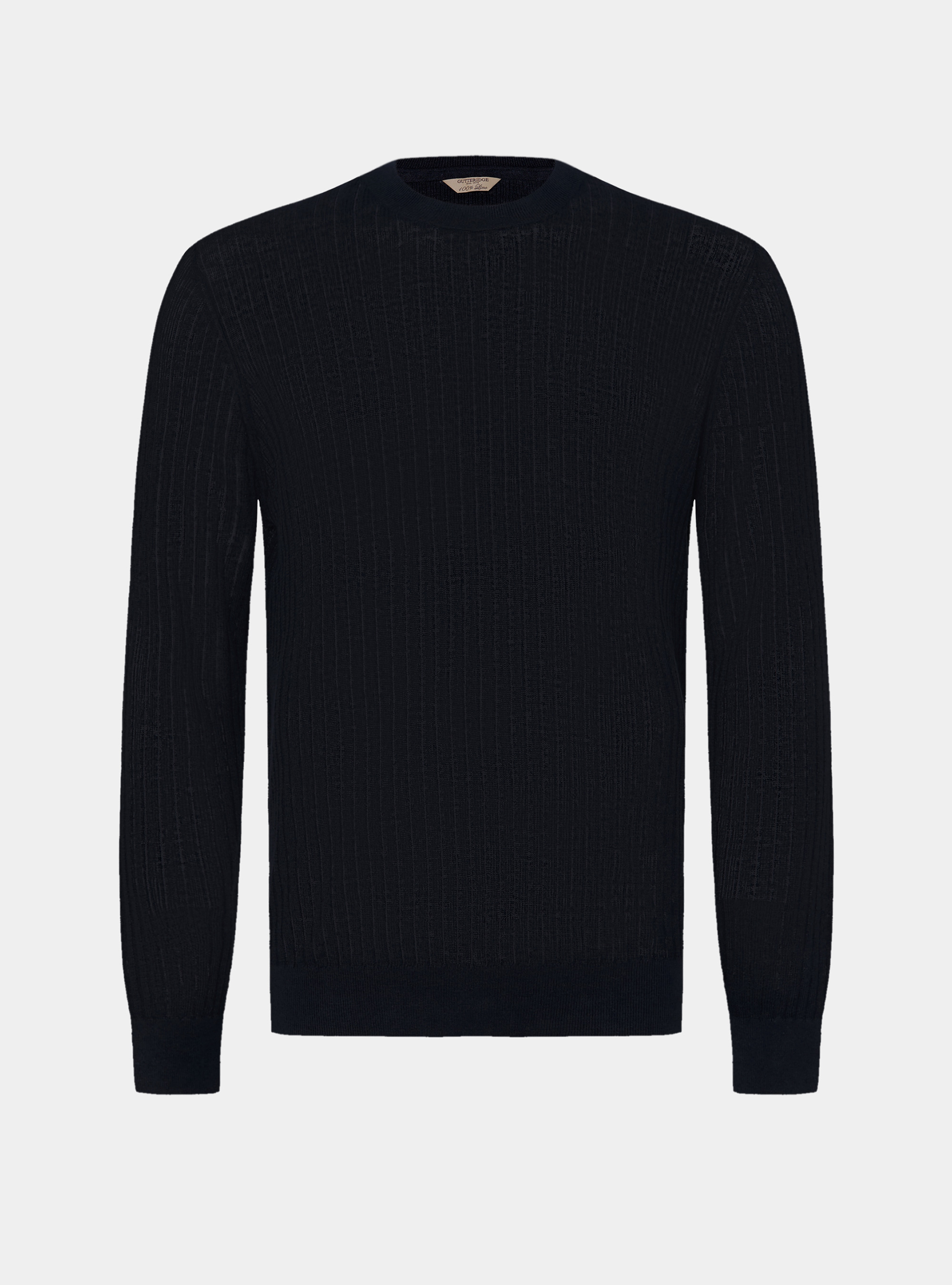 Rundhals-Rippstrickpullover aus reinem Leinen, NAVY 0218C