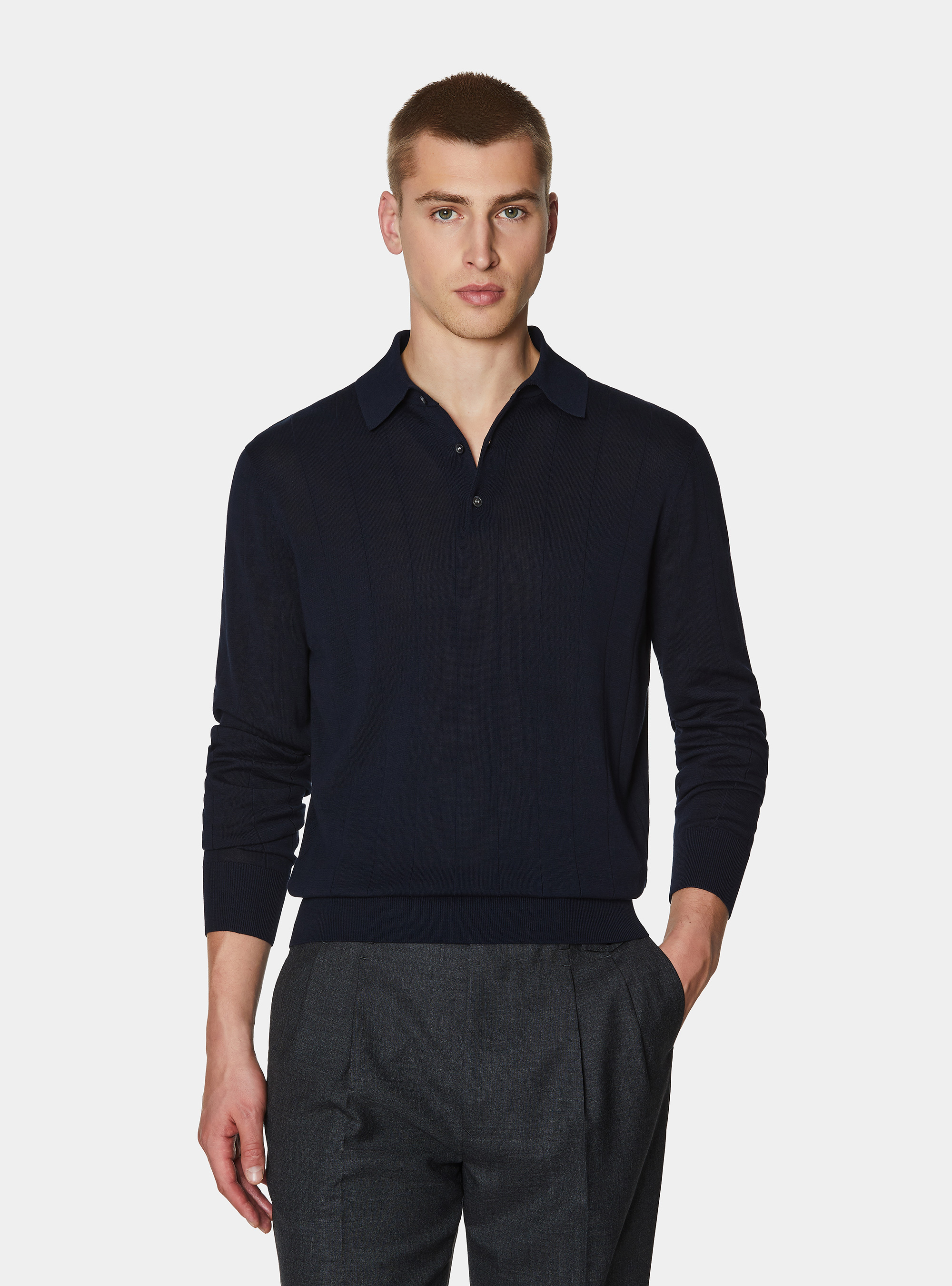 Lang&auml;rmeliges Strick-Poloshirt, NAVY 0218C