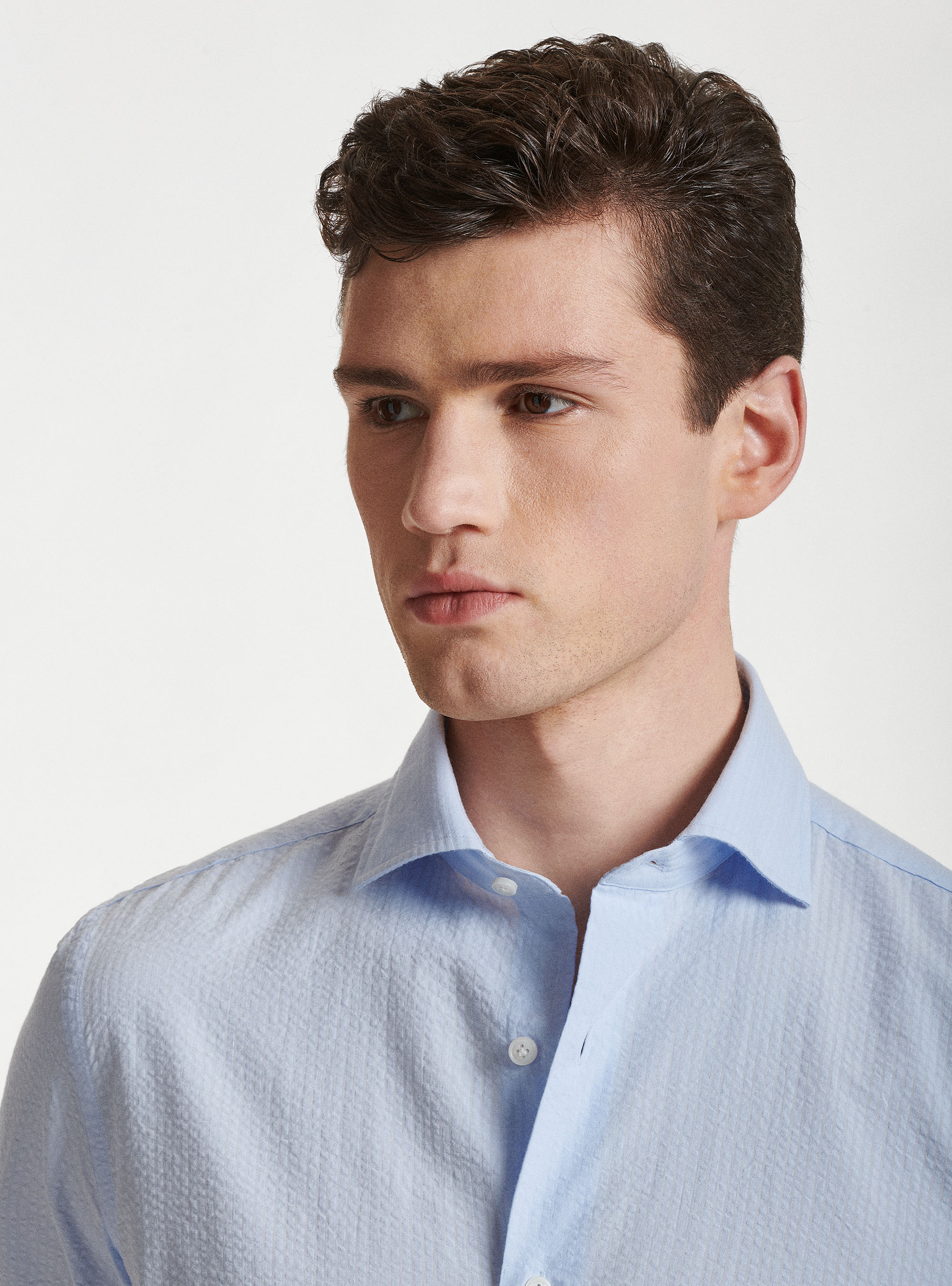 Camicia collo semi francese in cotone seersucker, AZZURRO