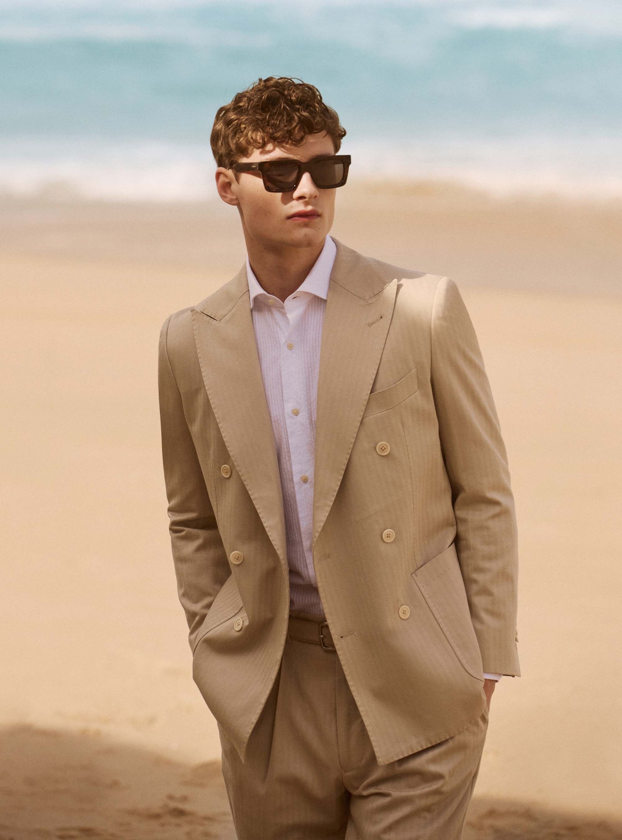 Double-breasted cotton and linen suit blazer, ECRU