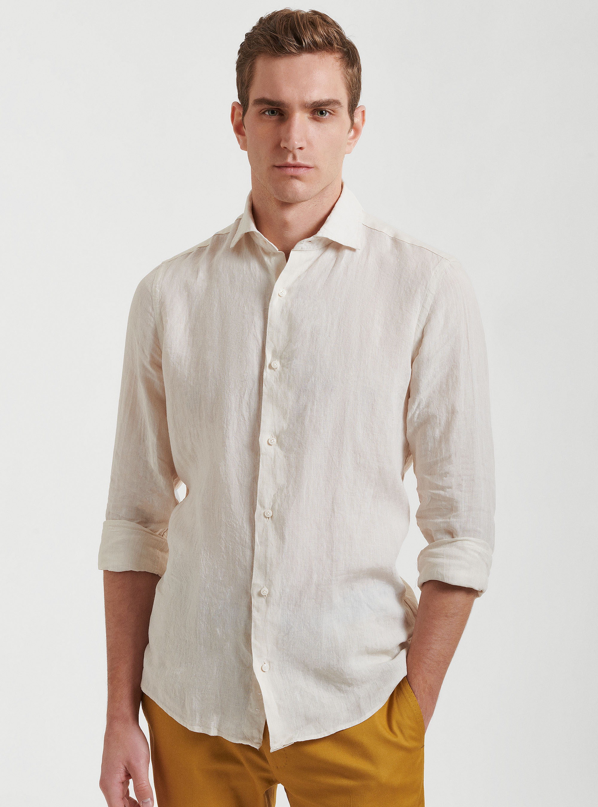 Camicia collo semi francese in puro lino, ECRU