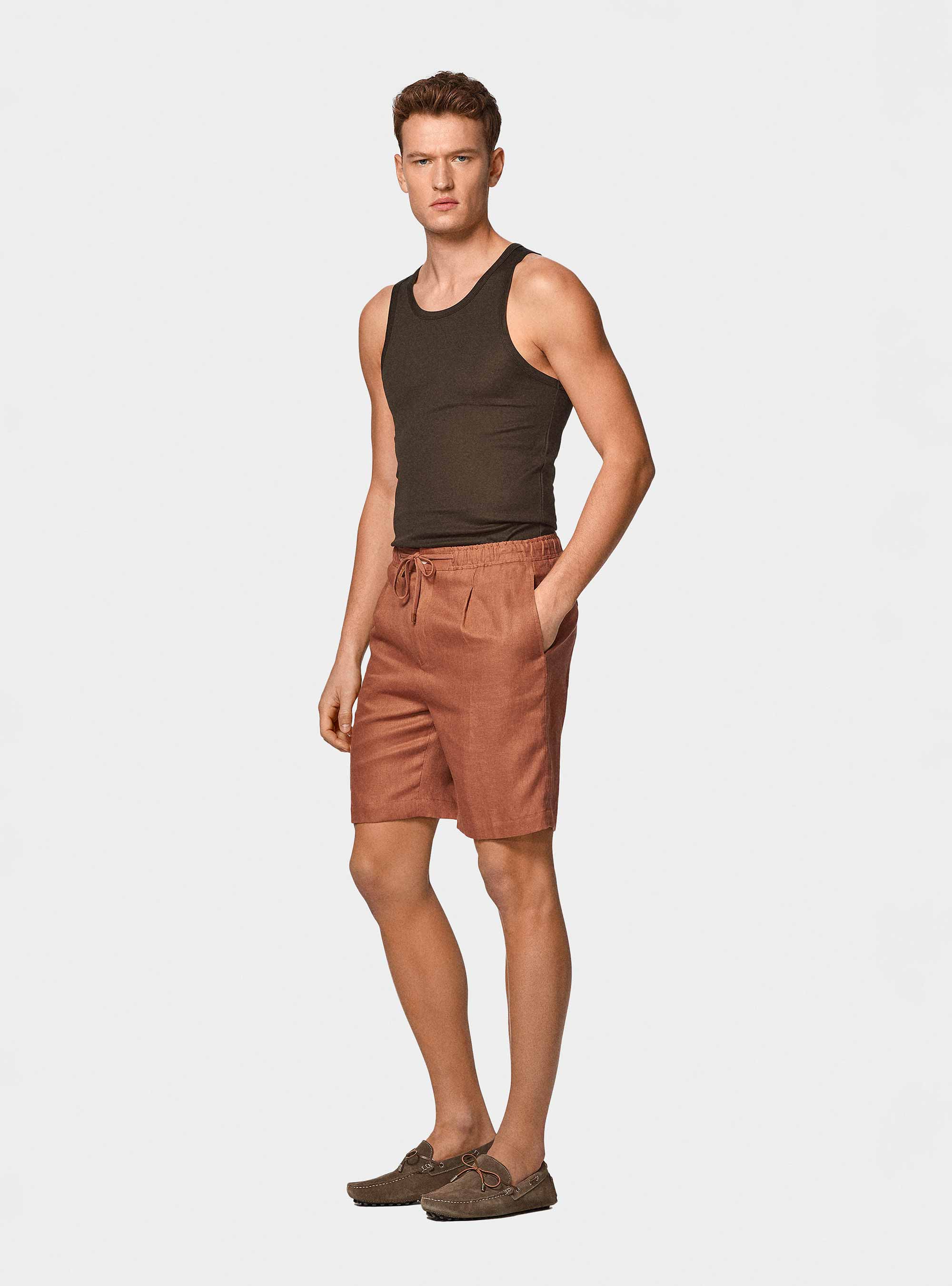Pure linen bermuda shorts with elastic band, ROSA SALMONE 0468C