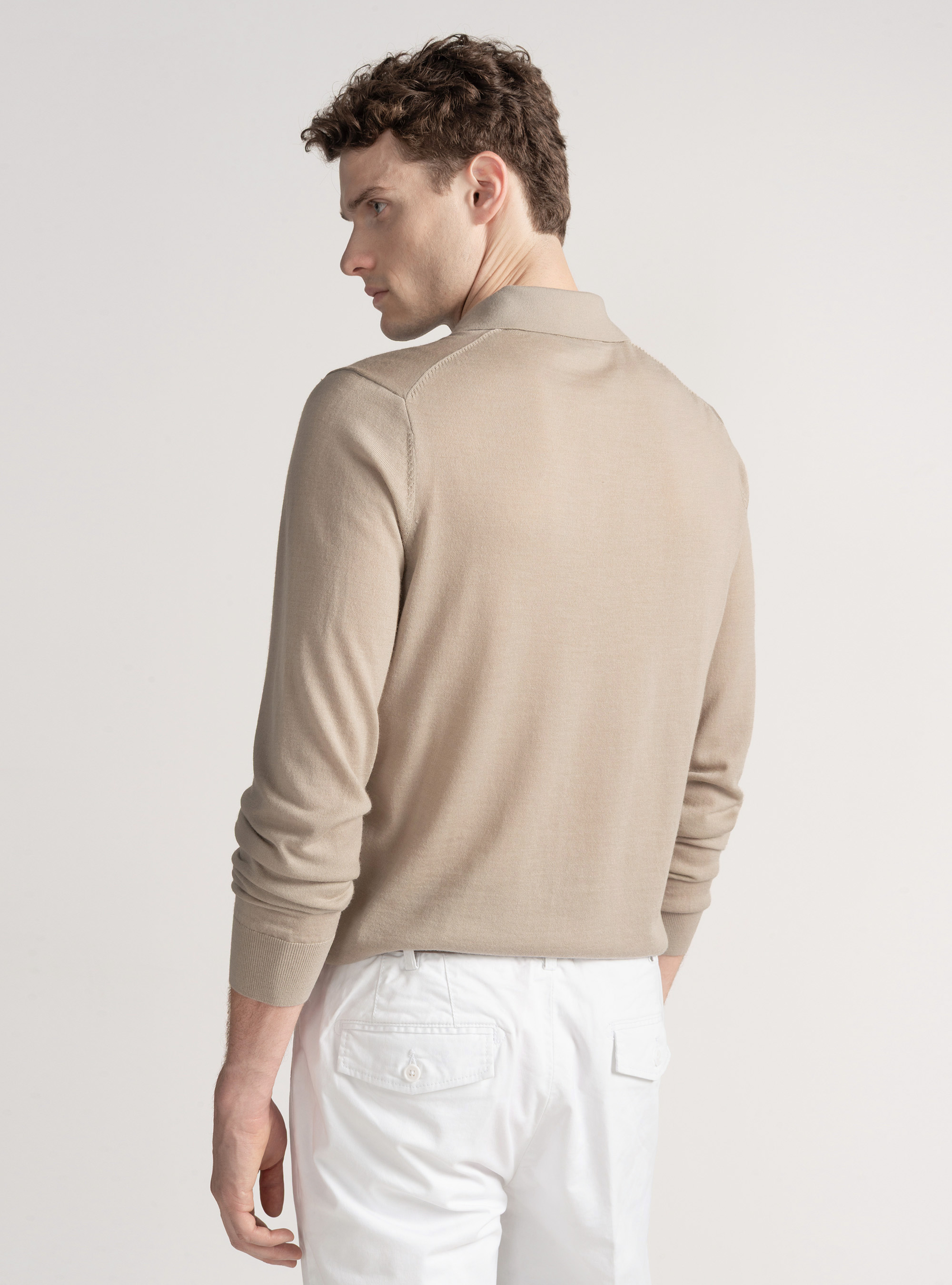 Extra-fine merino wool polo shirt, SAND