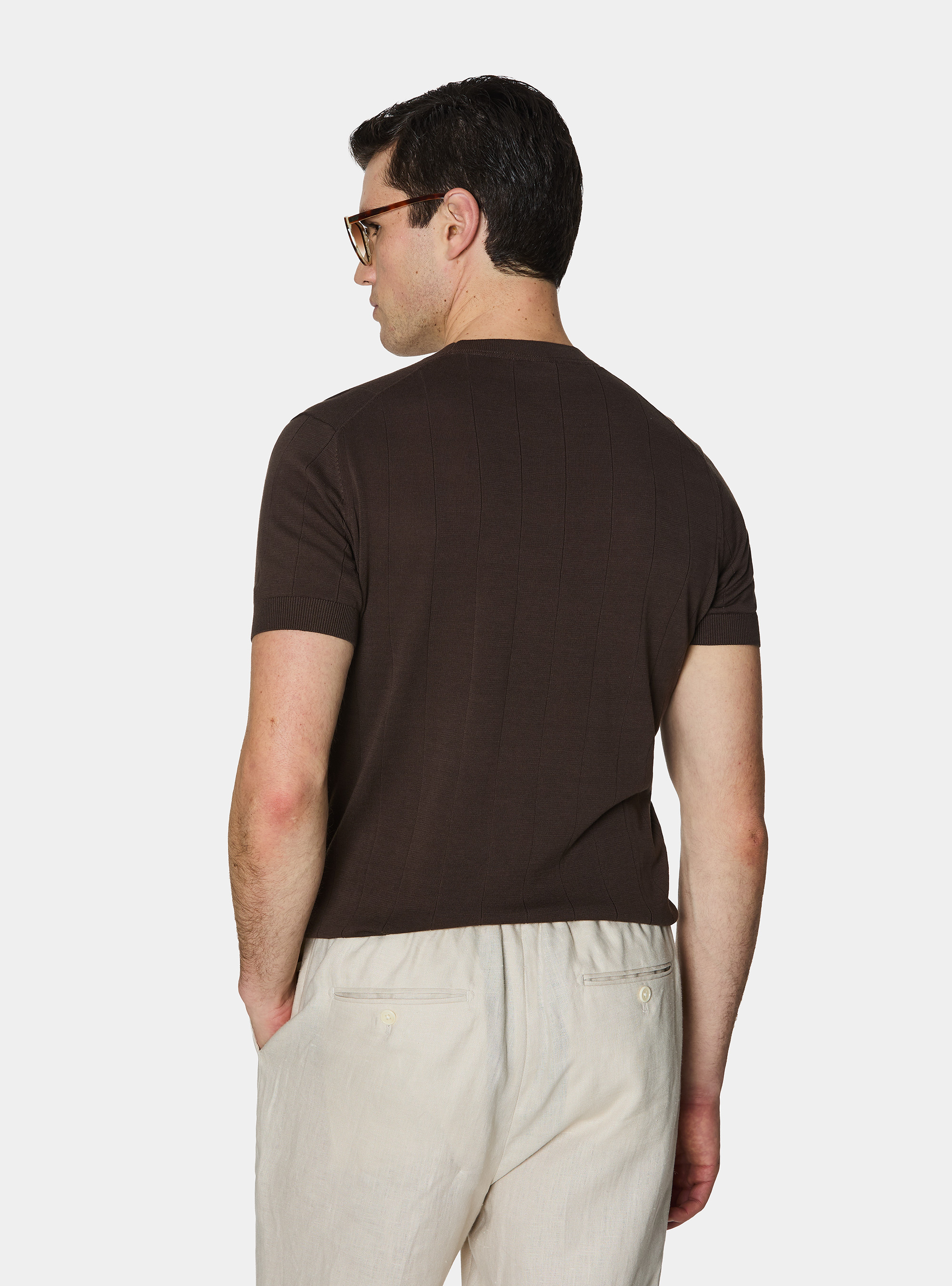 Pure cotton flat-ribbed sweater, BROWN