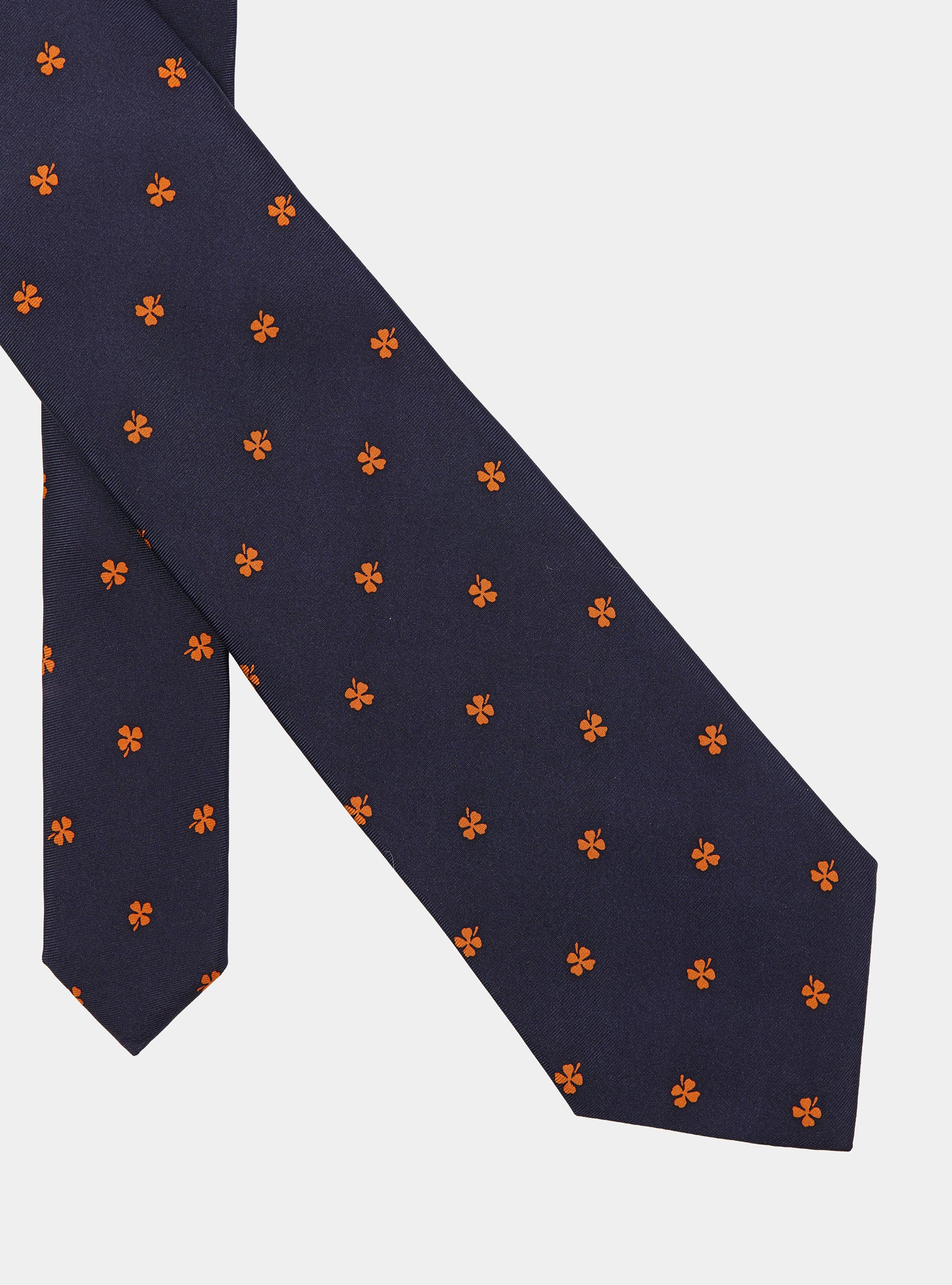 Corbata de seda con estampado de tr&eacute;bol de cuatro hojas, NAVY/ORANGE