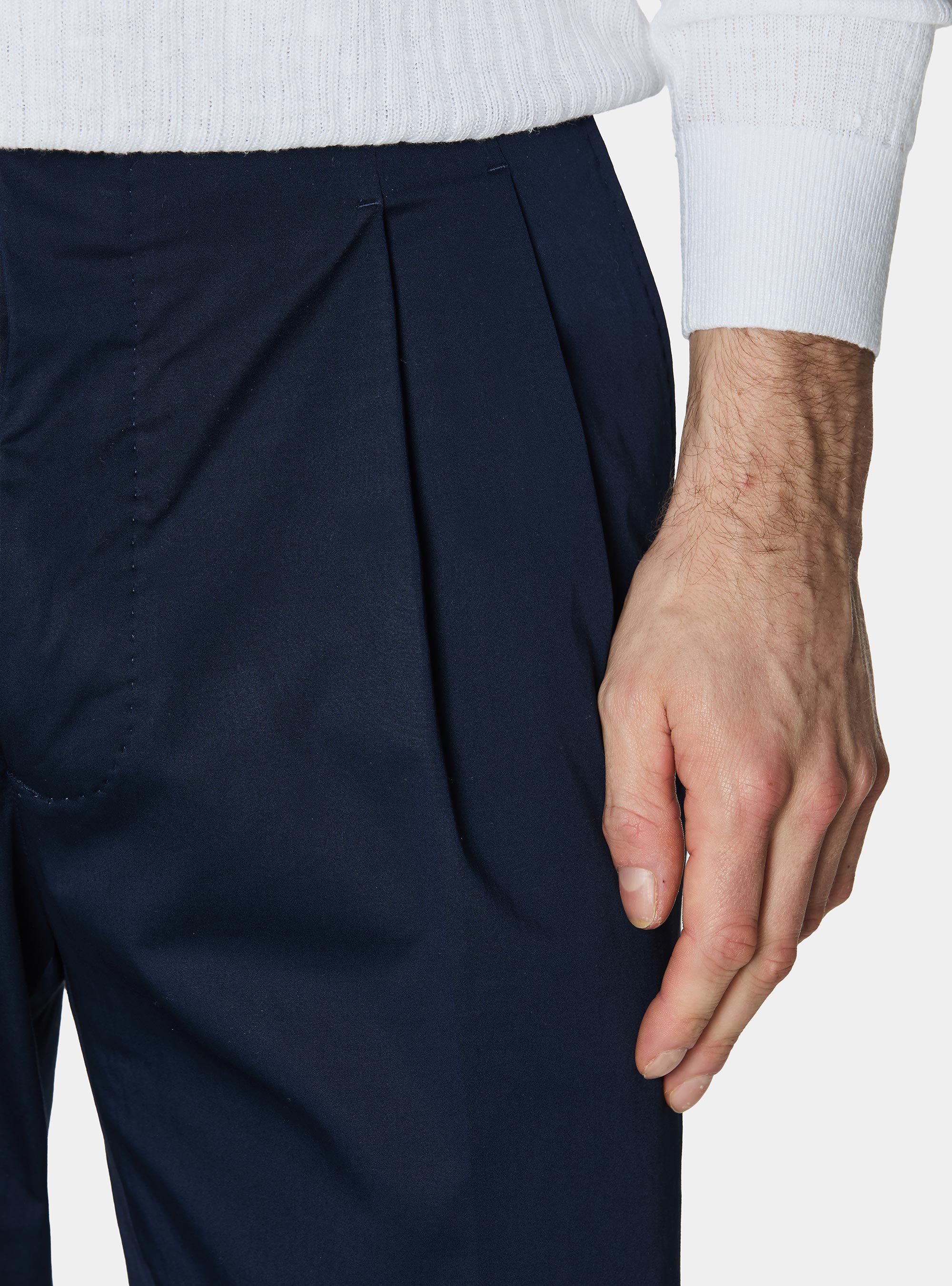 Stretch poplin cotton pleated trousers, NAVY BLUE