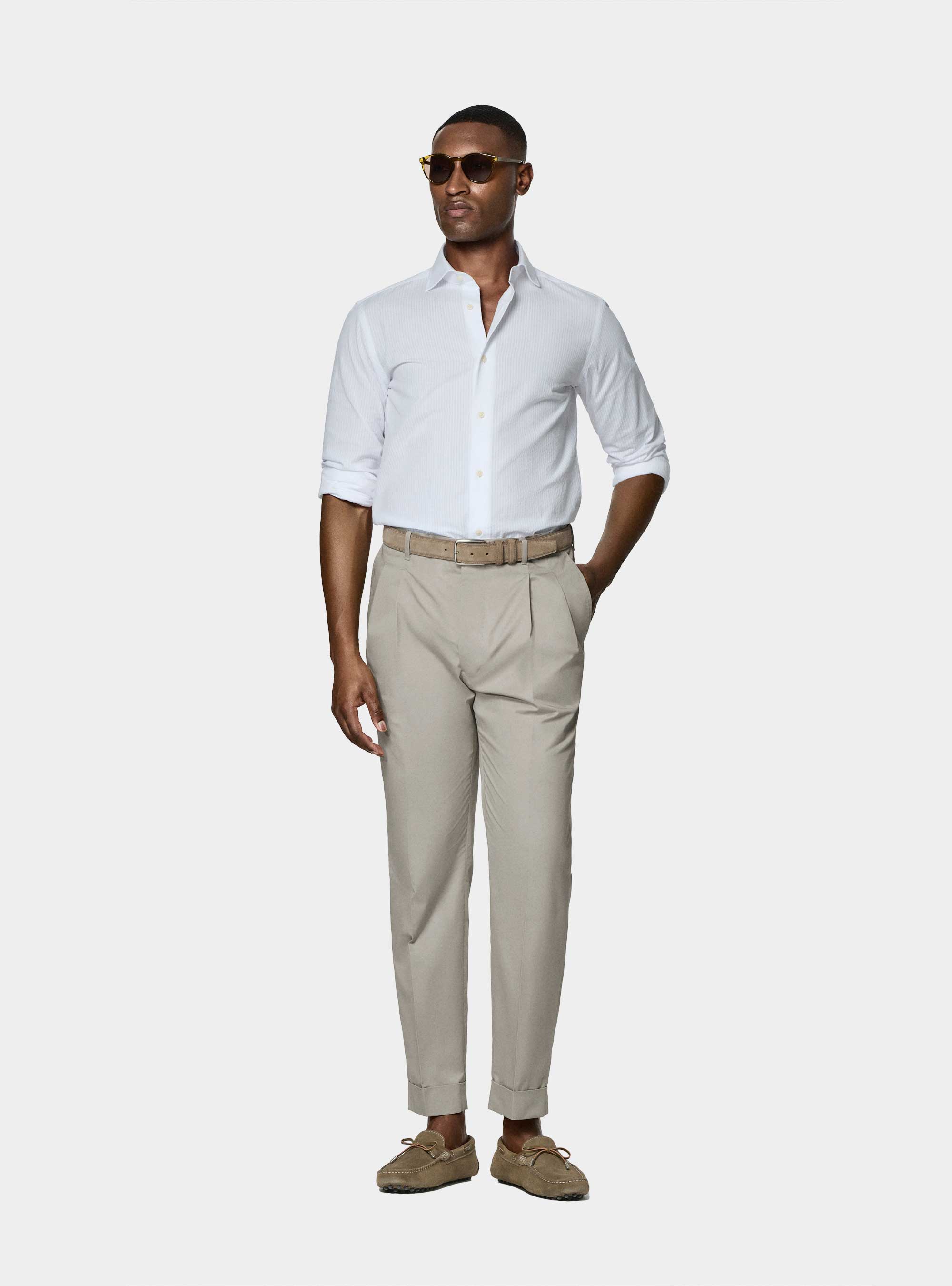 Cotton poplin pleat trousers, ECRU