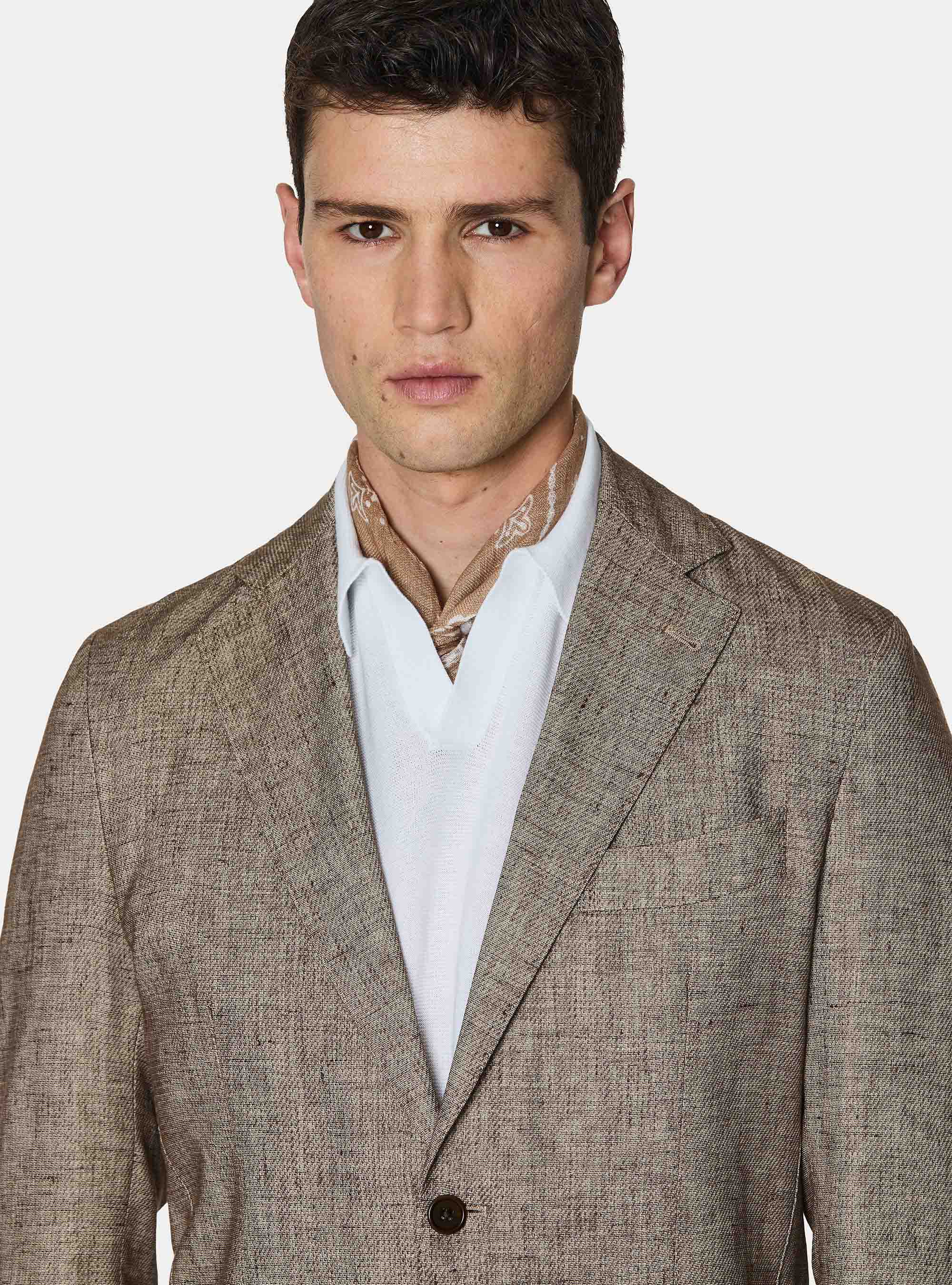 Blazer in cotton and slubbed linen, BROWN