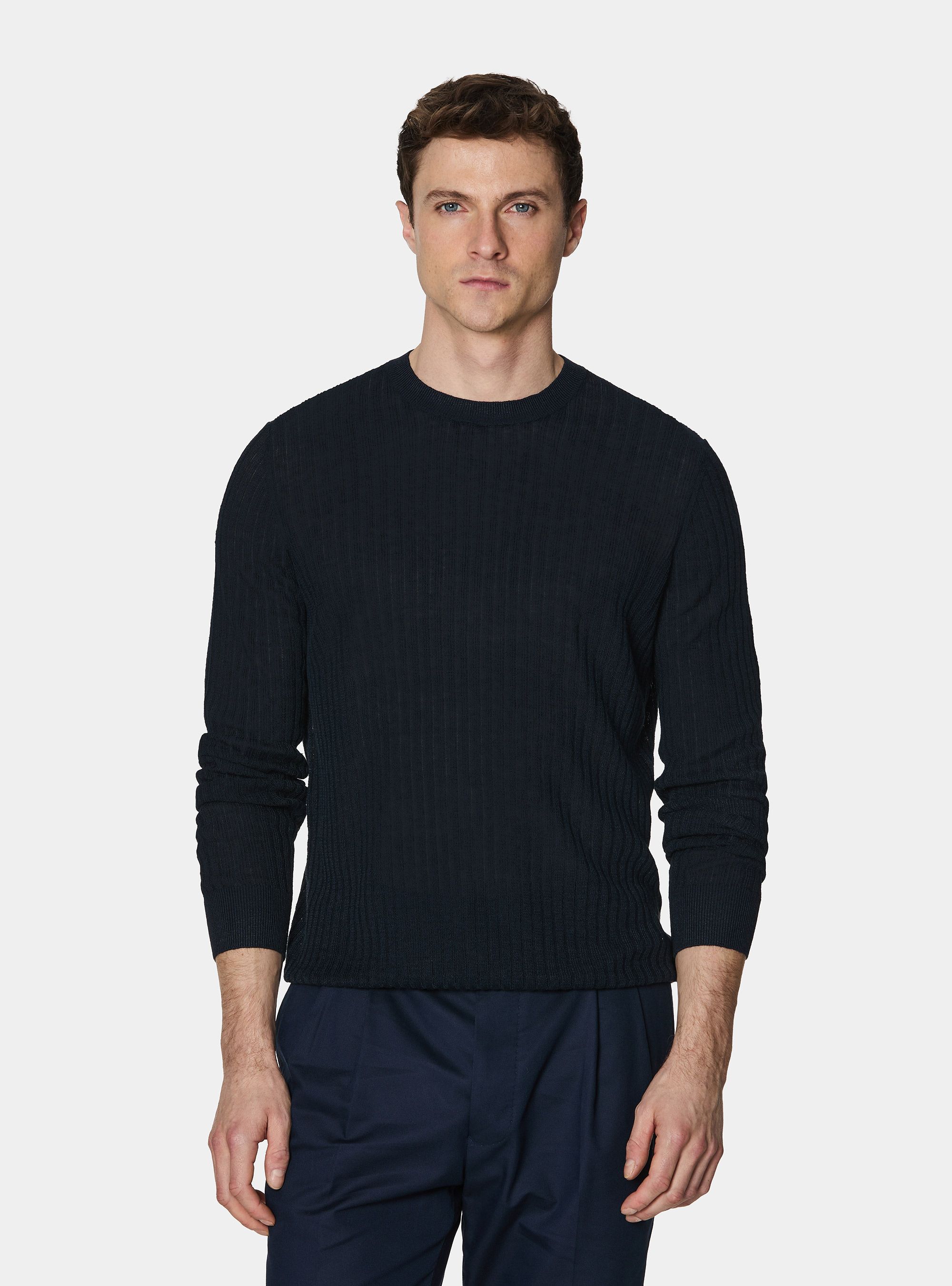 Rundhals-Rippstrickpullover aus reinem Leinen, NAVY 0218C