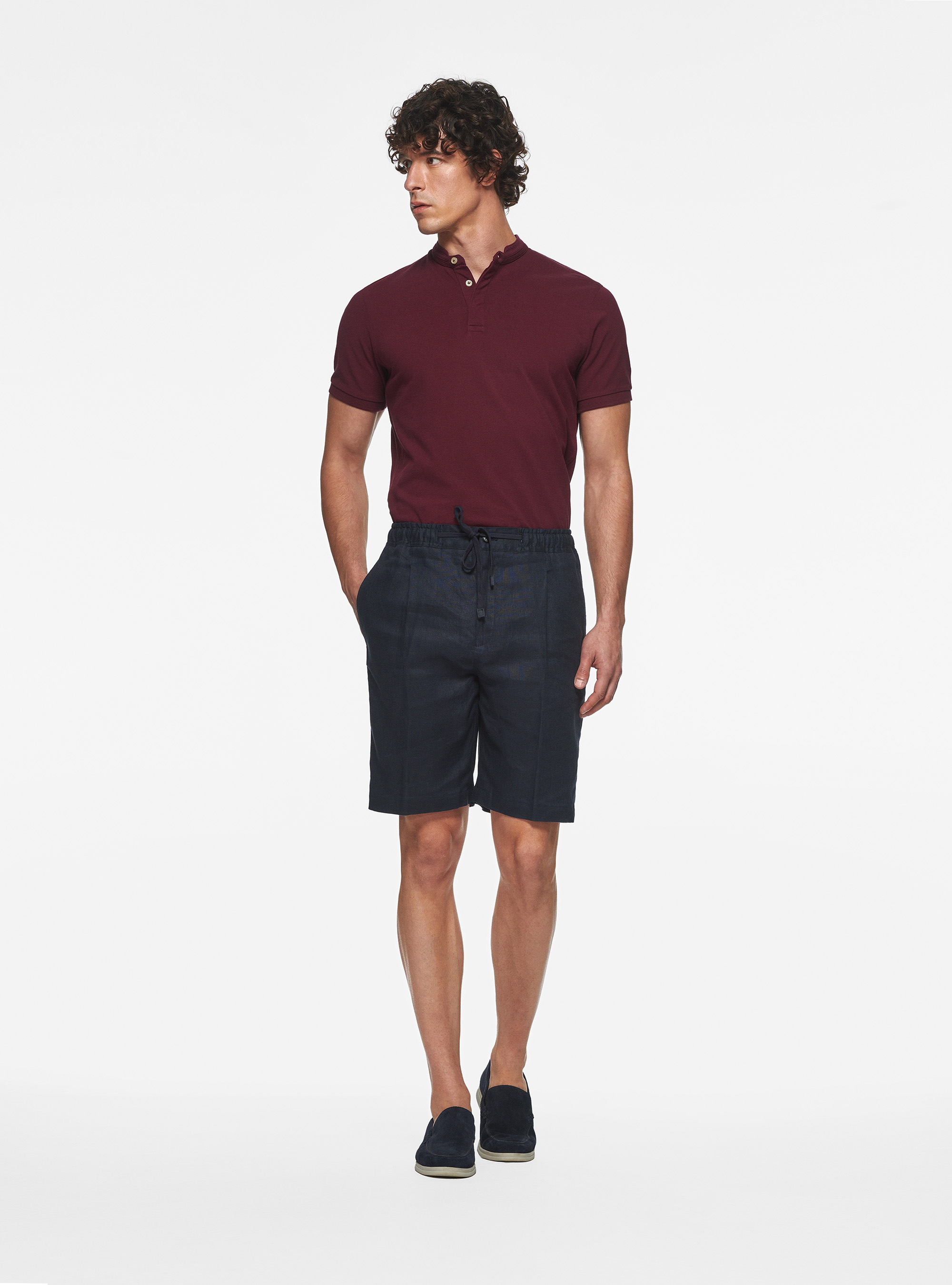 Linen Bermuda shorts with elastic and drawstring, NAVY BLUE