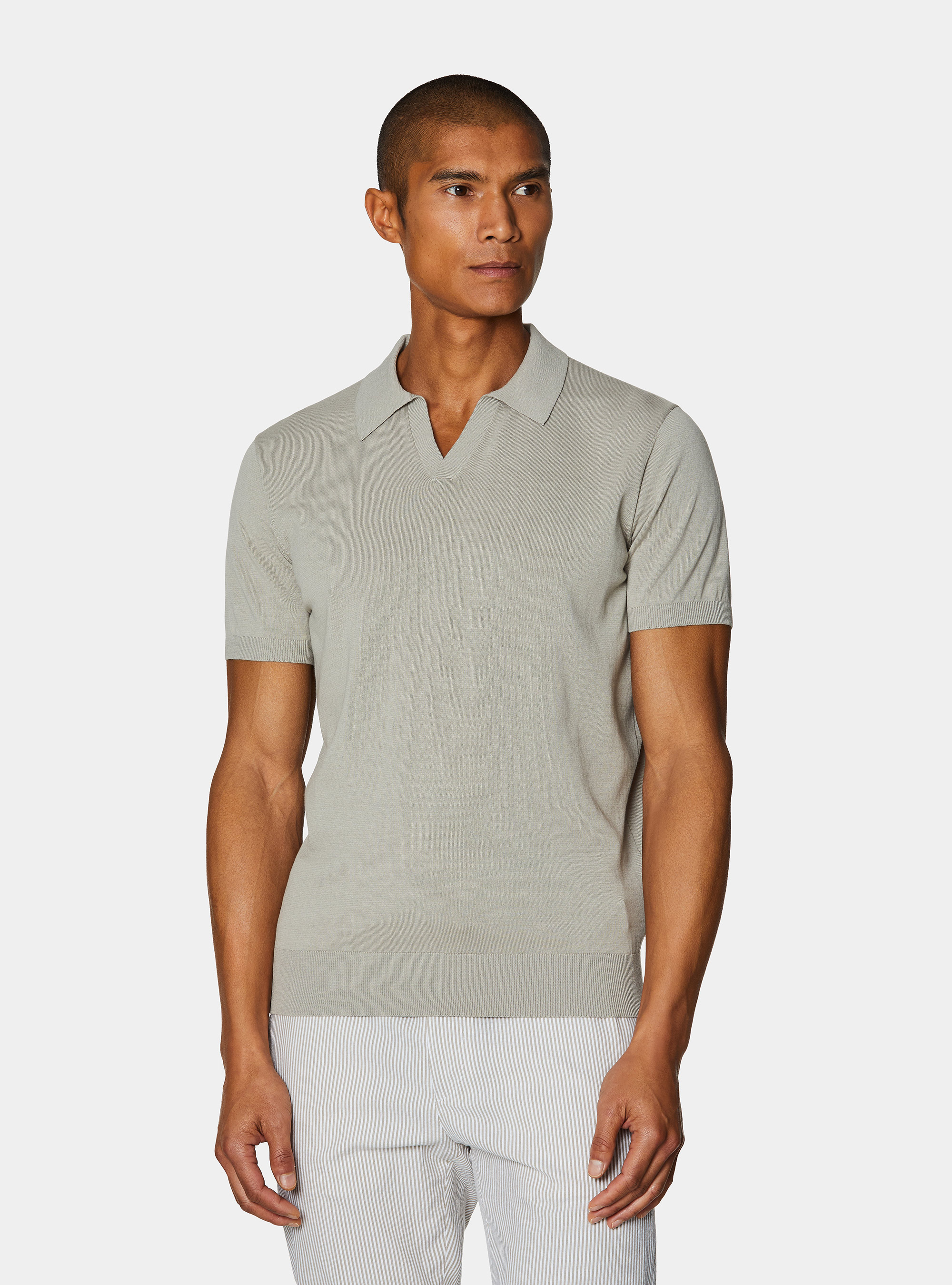 Buttonless knitted polo shirt in extra-fine cotton, SAND