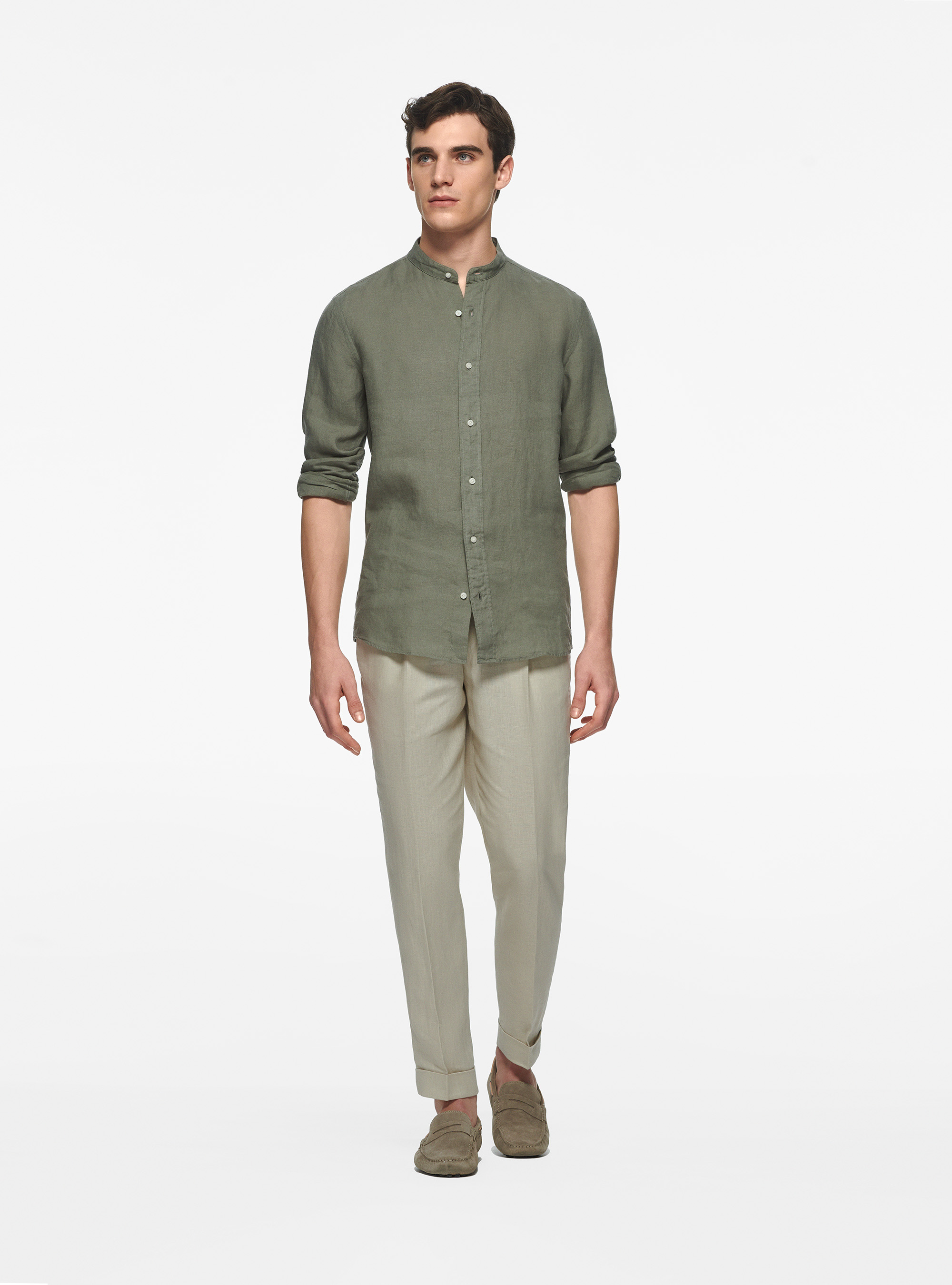 Camicia coreana in puro lino, SALVIA 0602C