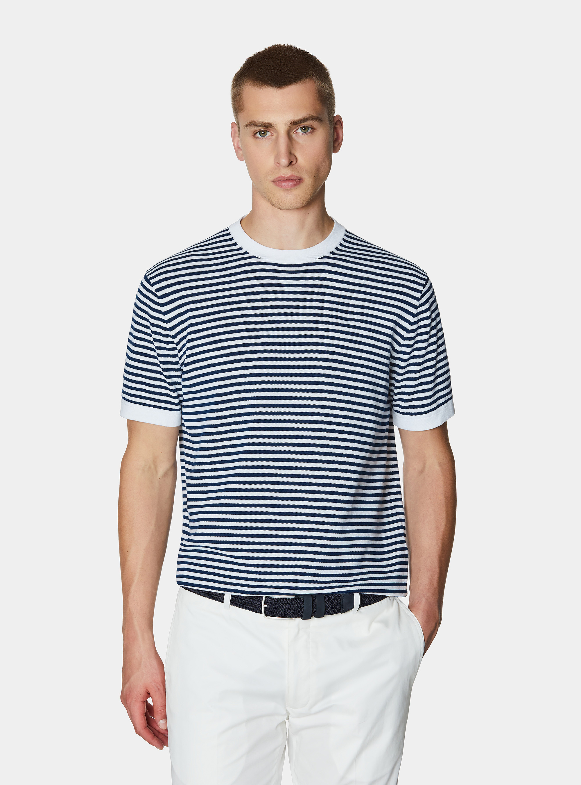 Cotton striped crew neck sweater, WHITE