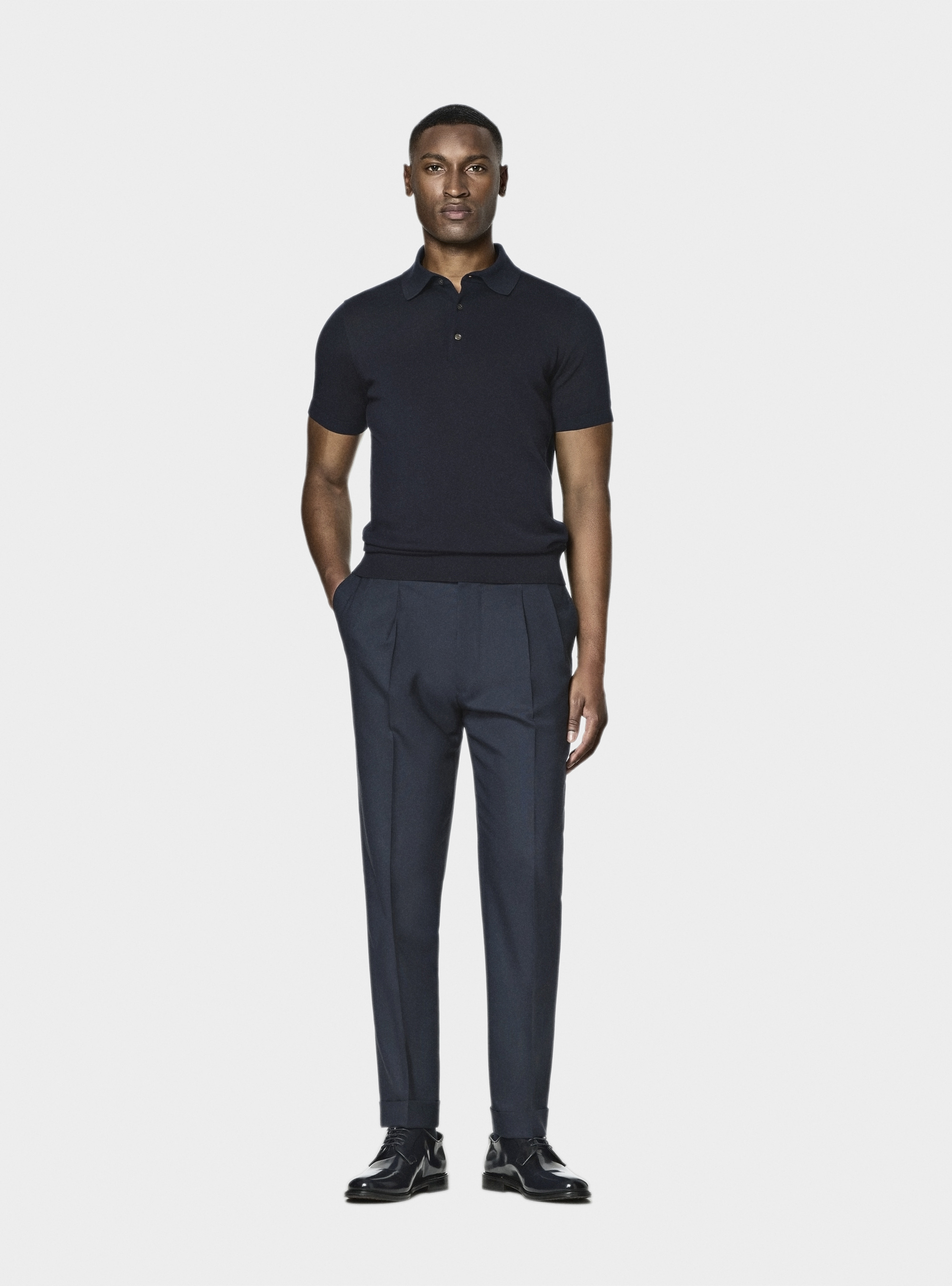 Extra-fine cotton knit polo shirt, NAVY BLUE