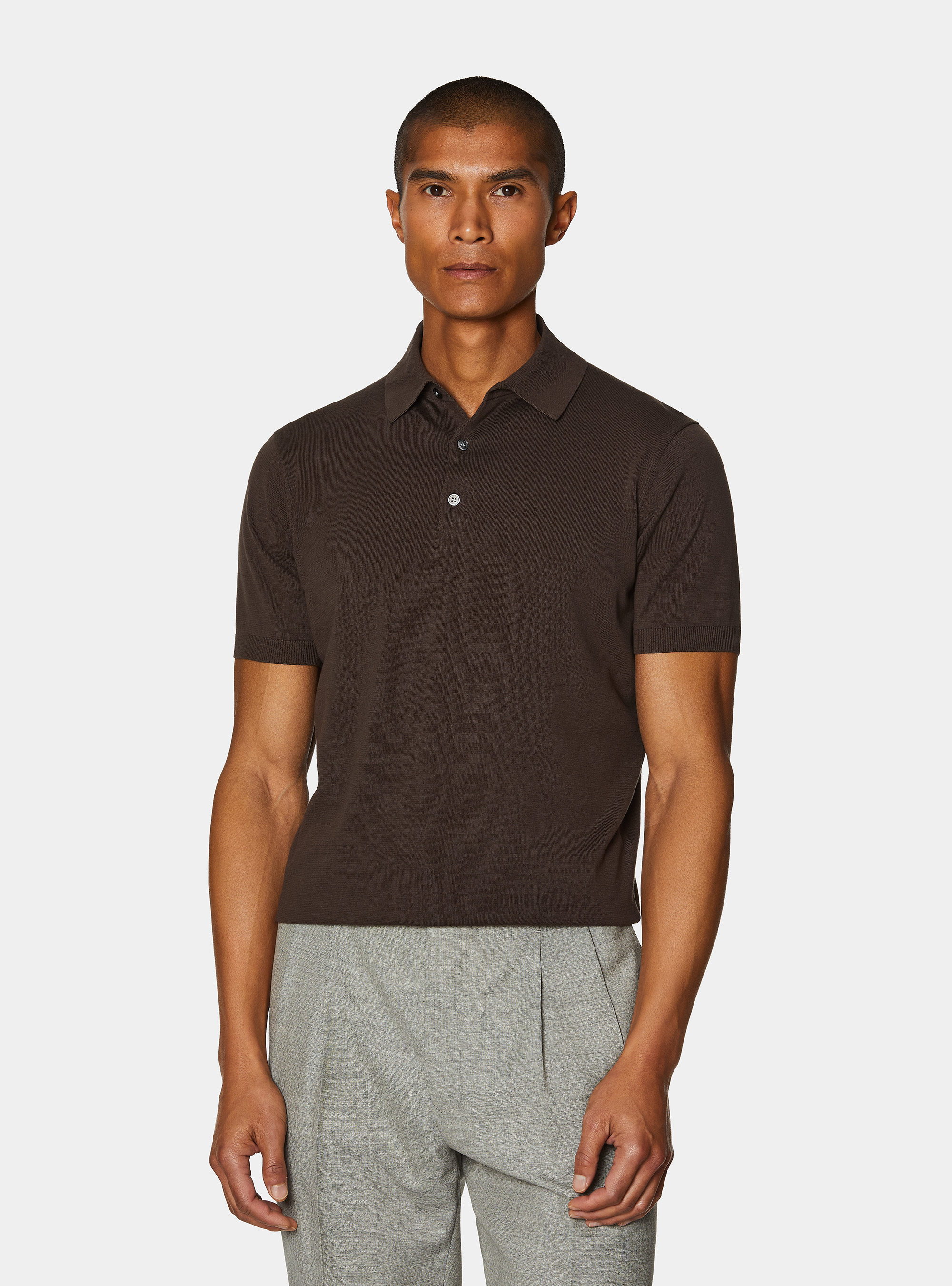 Extra-fine cotton knit polo shirt, BROWN