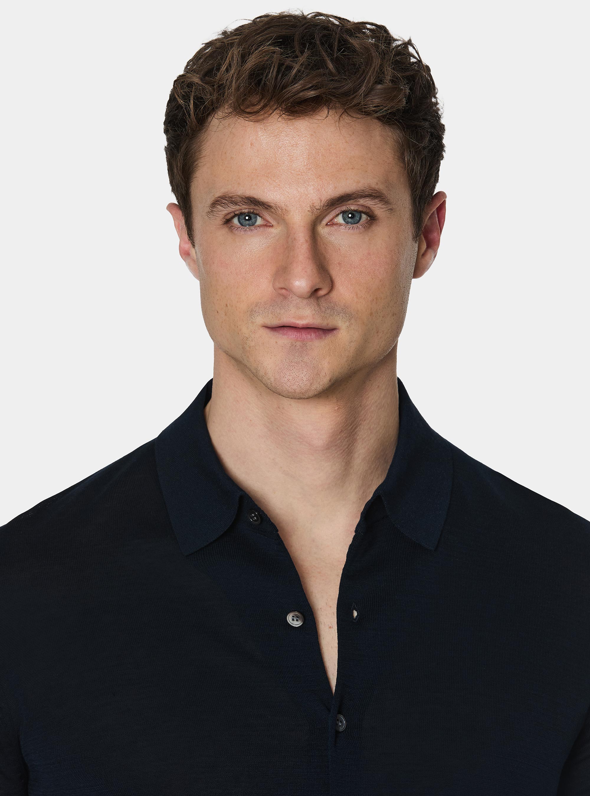 Polo chemise en coton et soie, BLEU MARINE
