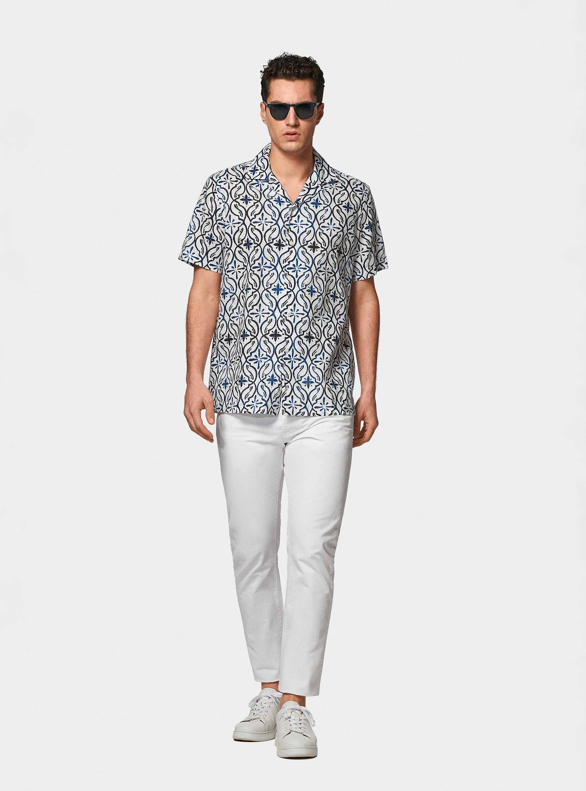 Bowling shirt in linen and printed cotton, NAVY BLUE