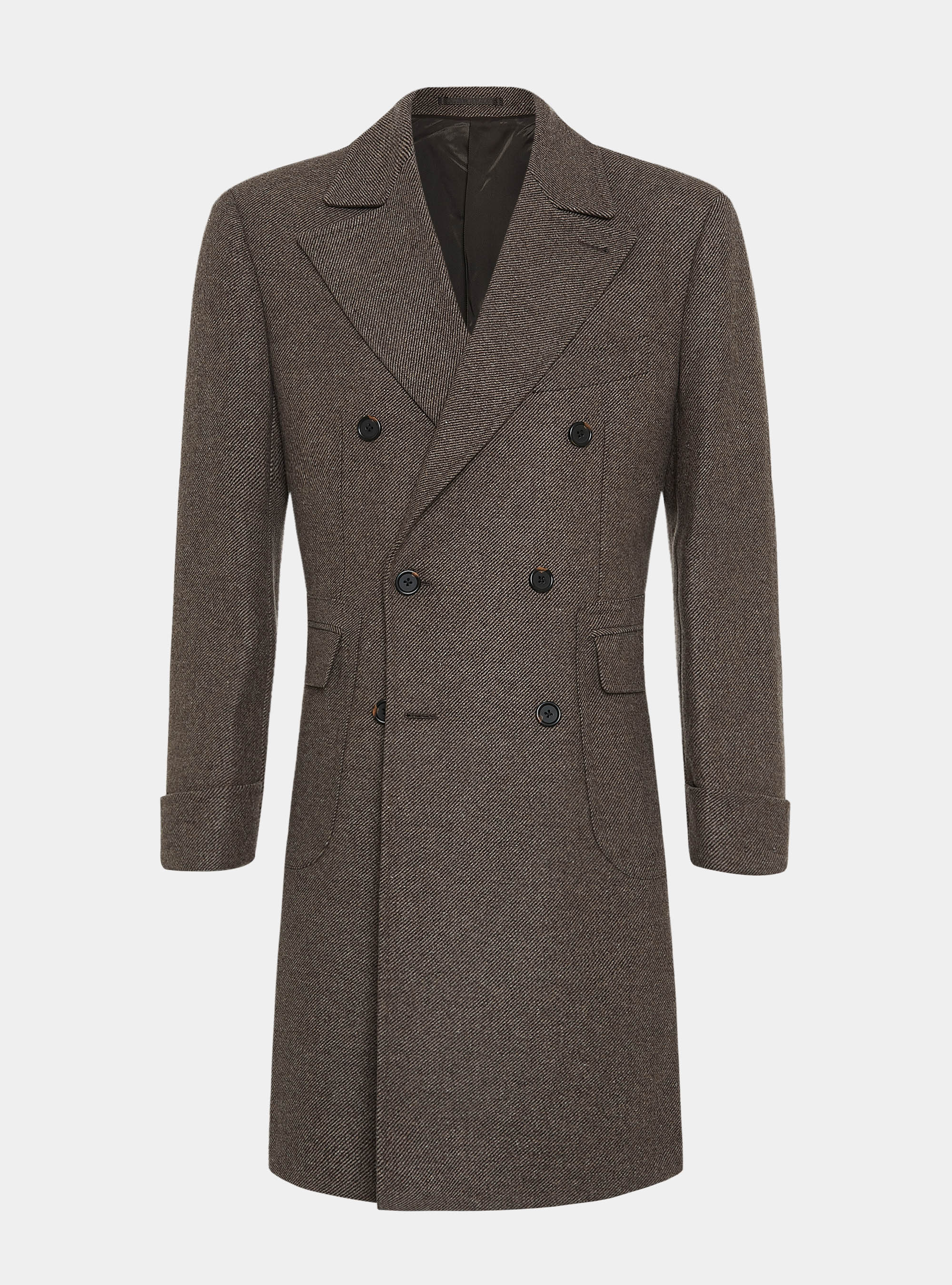 Wool and silk diagonal double-breasted coat, BROWN