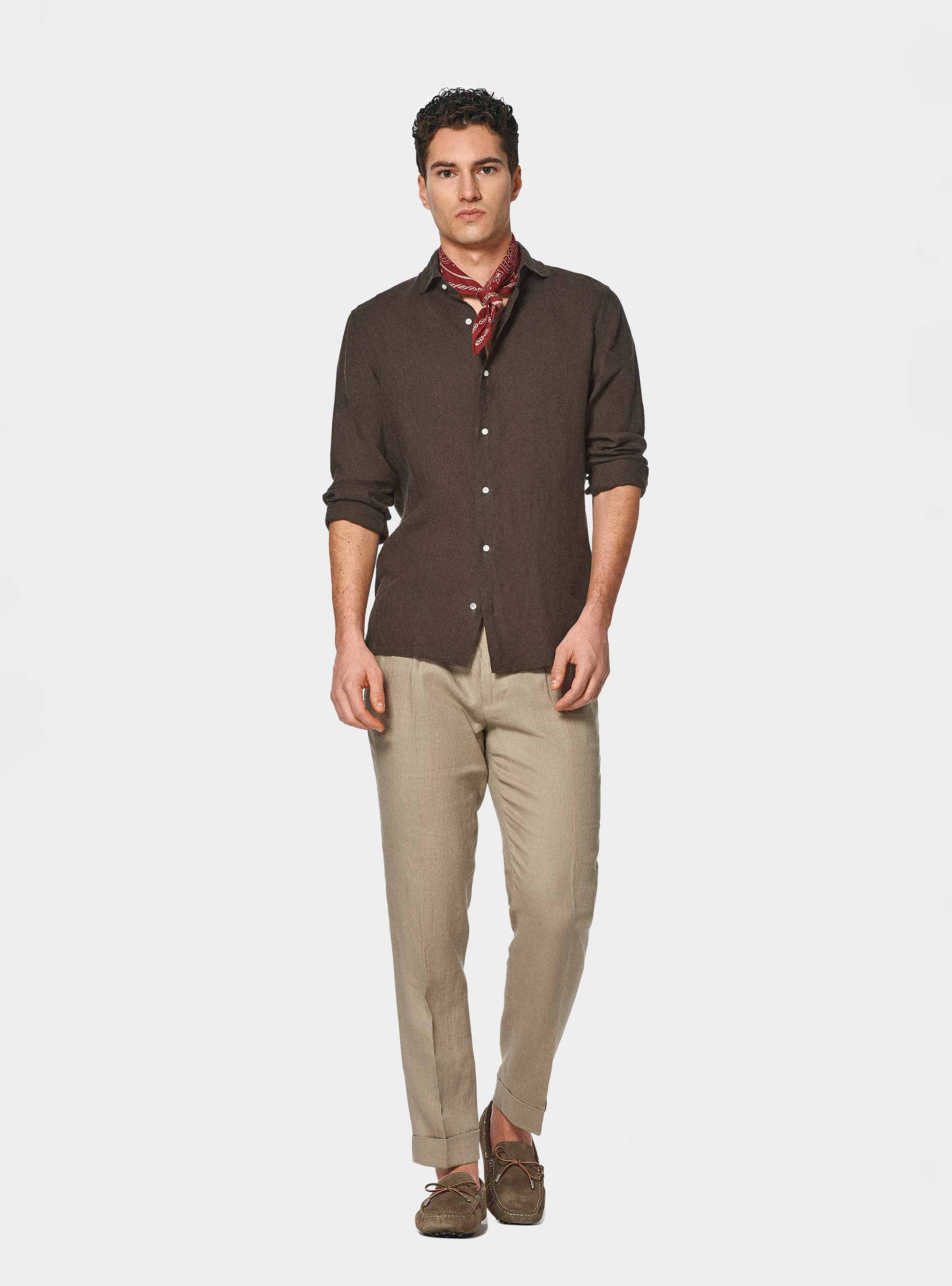Camicia in puro lino, MARRONE