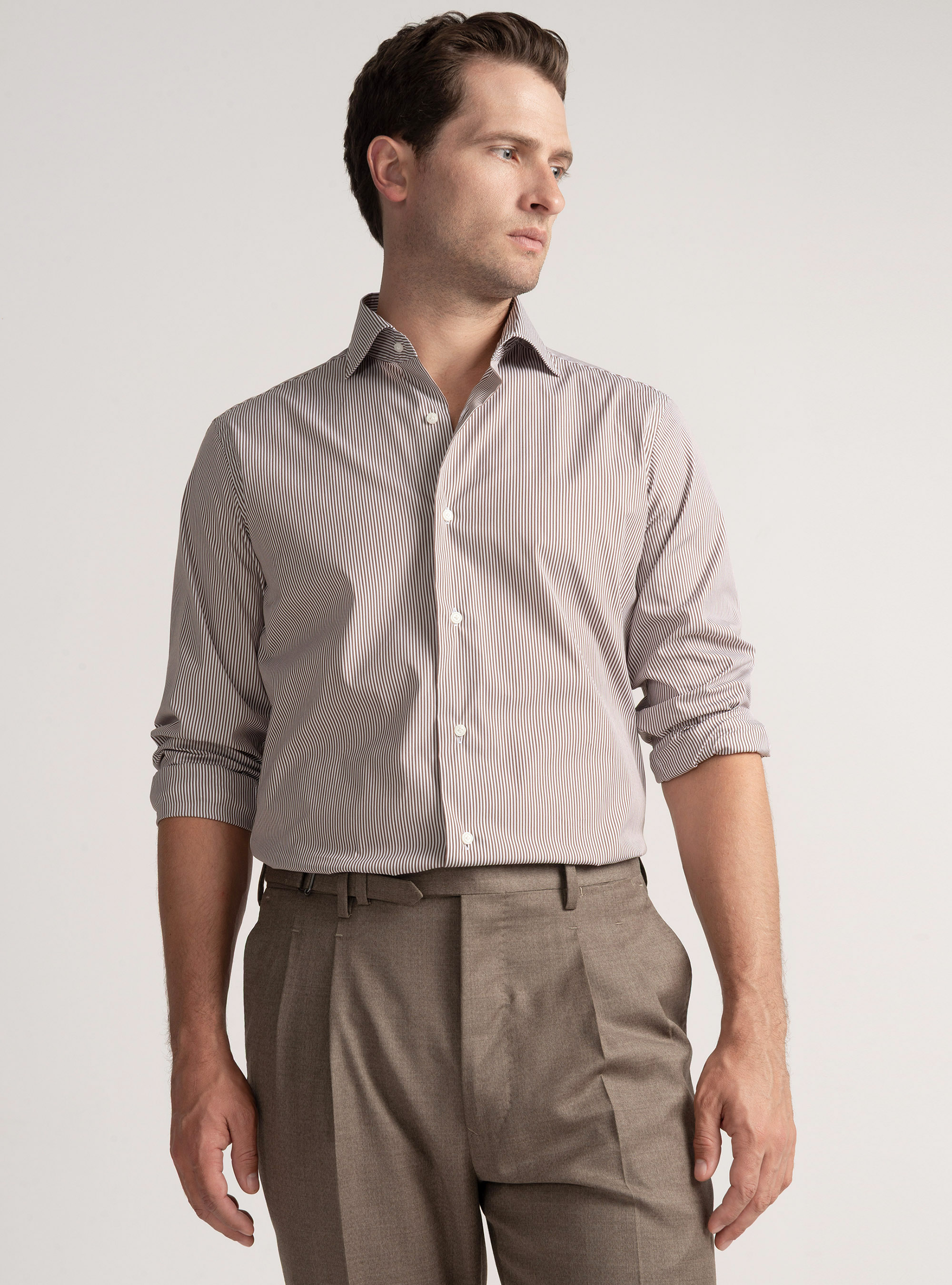 Striped cotton poplin stretch shirt, BROWN