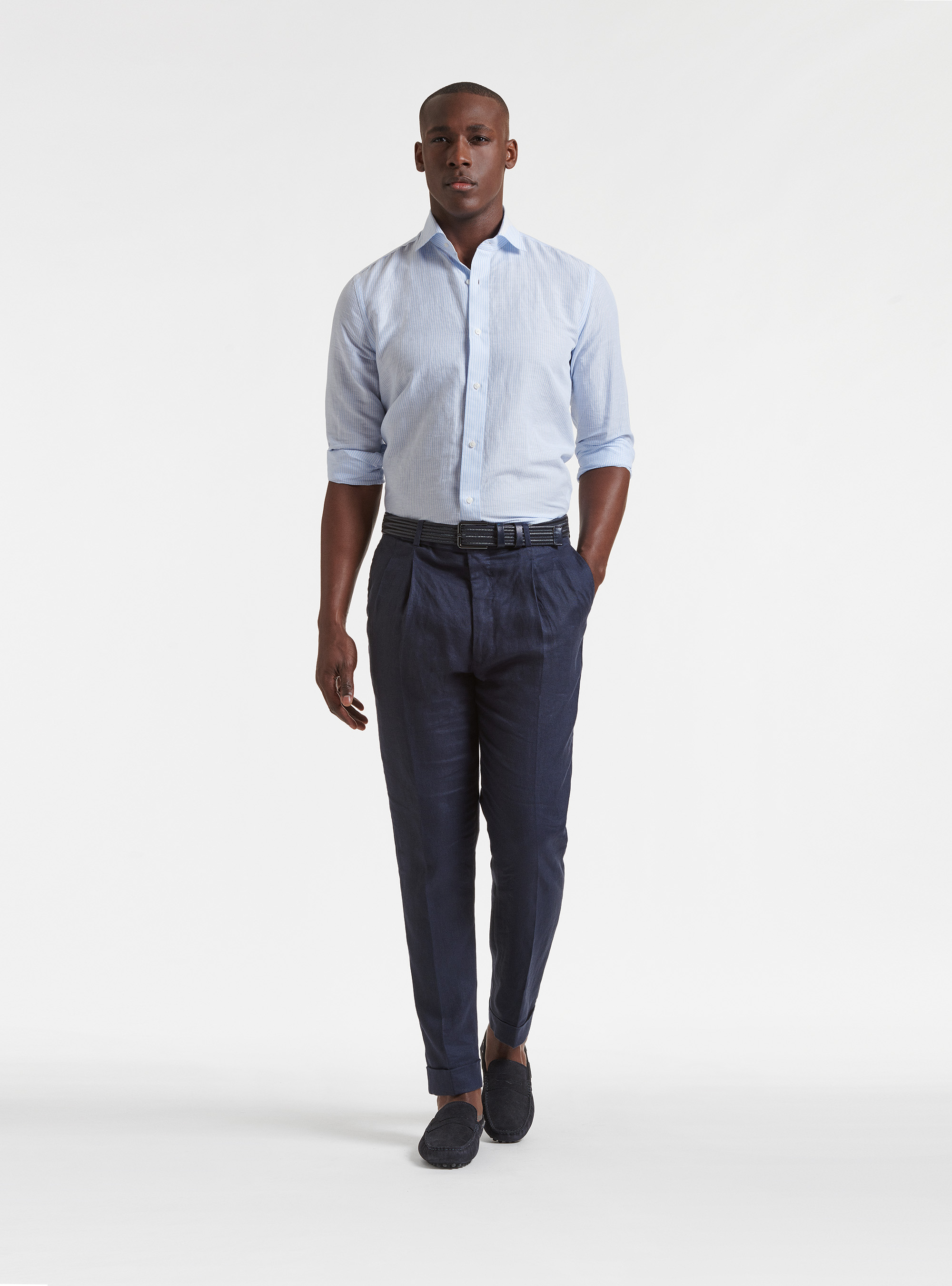 Semi-French collar shirt in linen and striped cotton, LIGHT BLUE