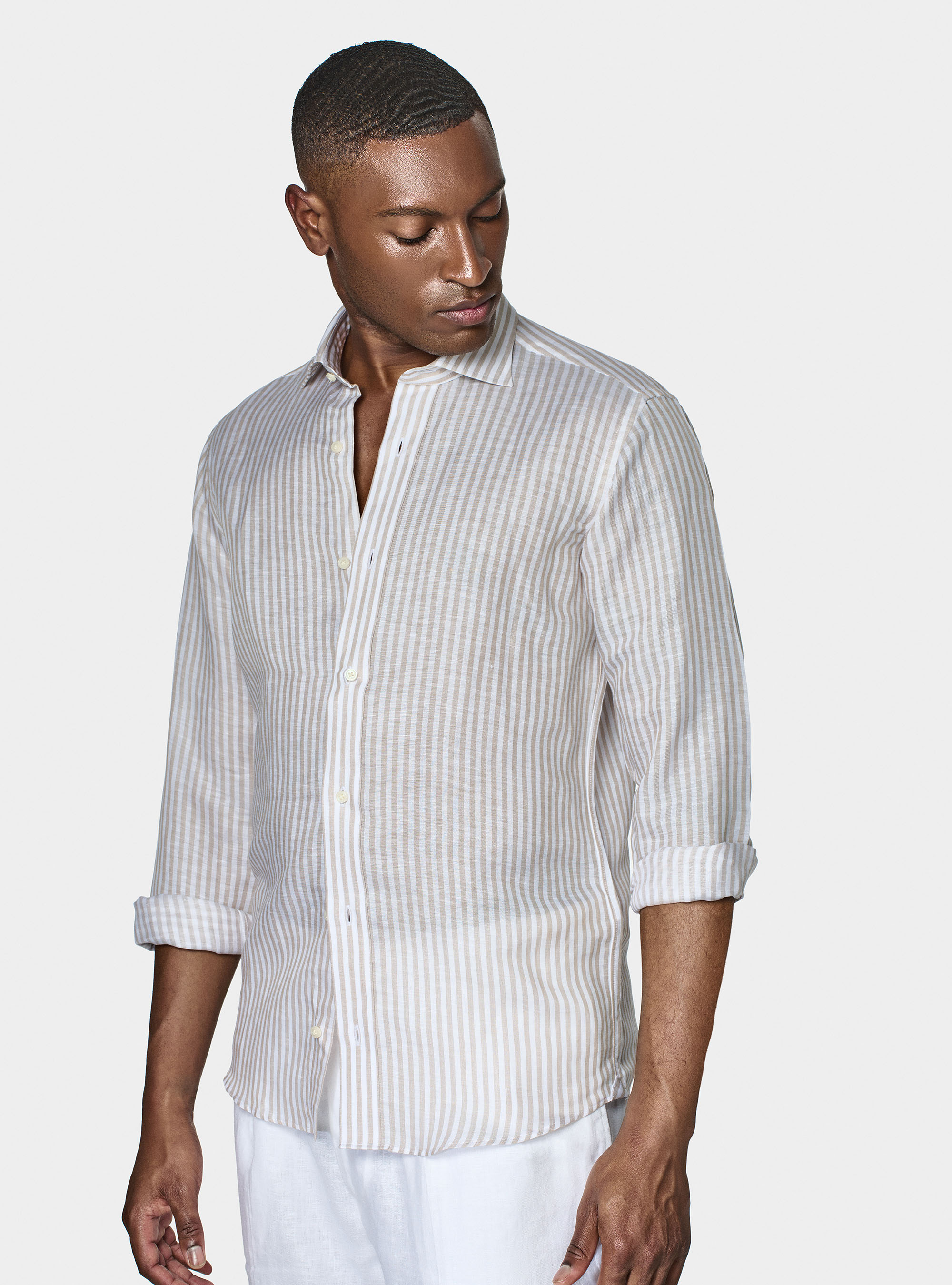 Camicia rigata in misto lino, SABBIA