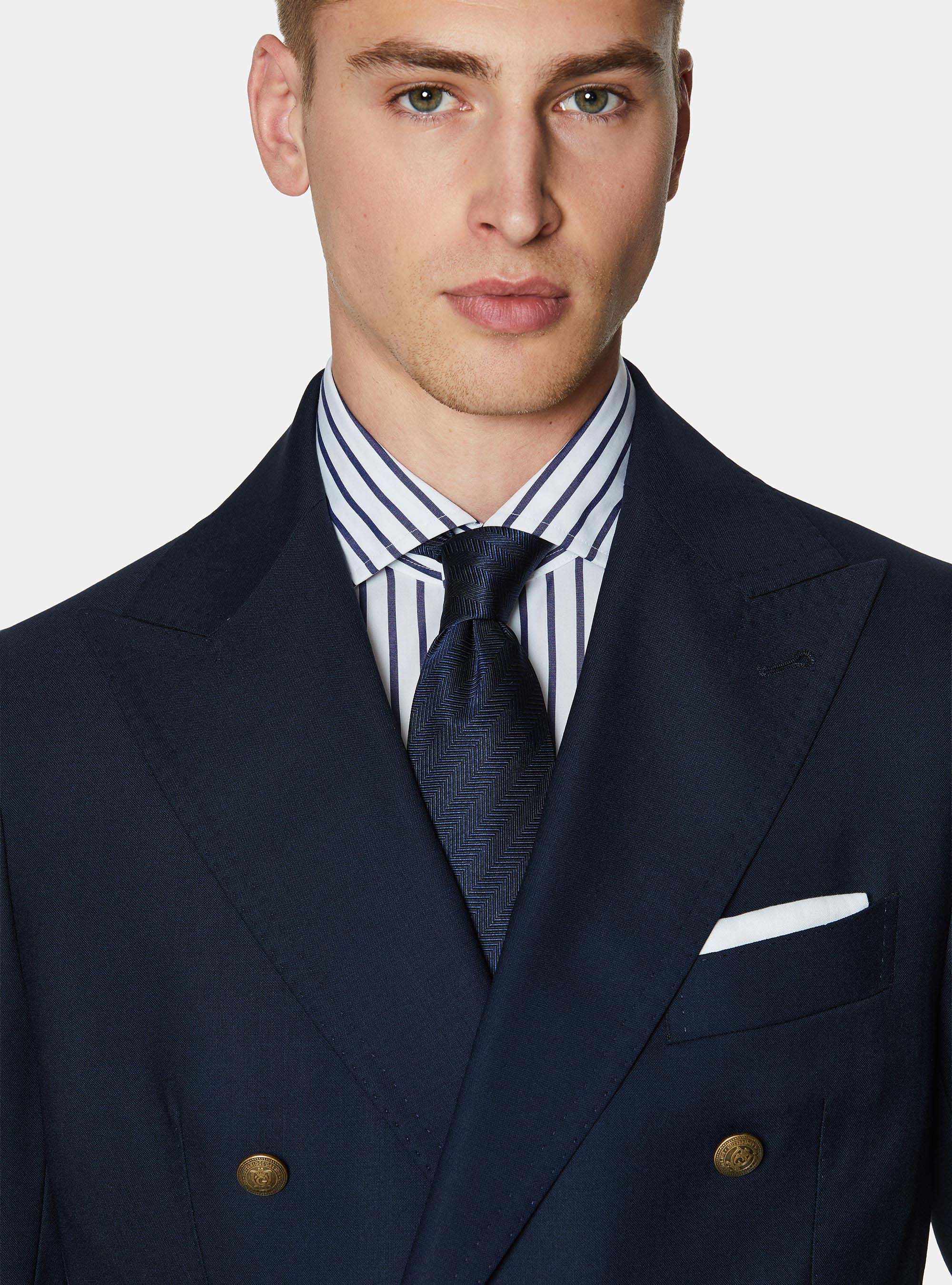 Double-breasted blazer in pure wool with metal buttons, NAVY