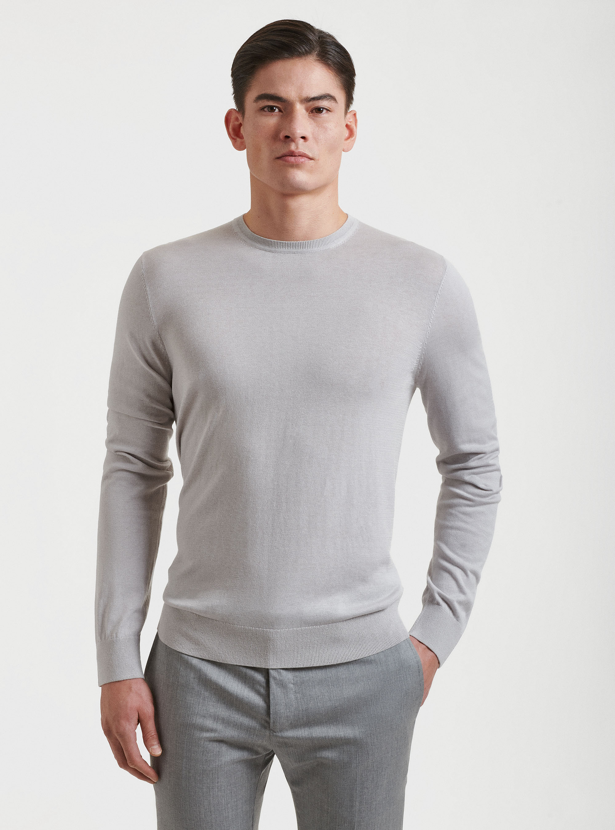 Pullover mit Rundhalsausschnitt aus Seide und Baumwolle, GRIGIO CHIARO MEL 0150C