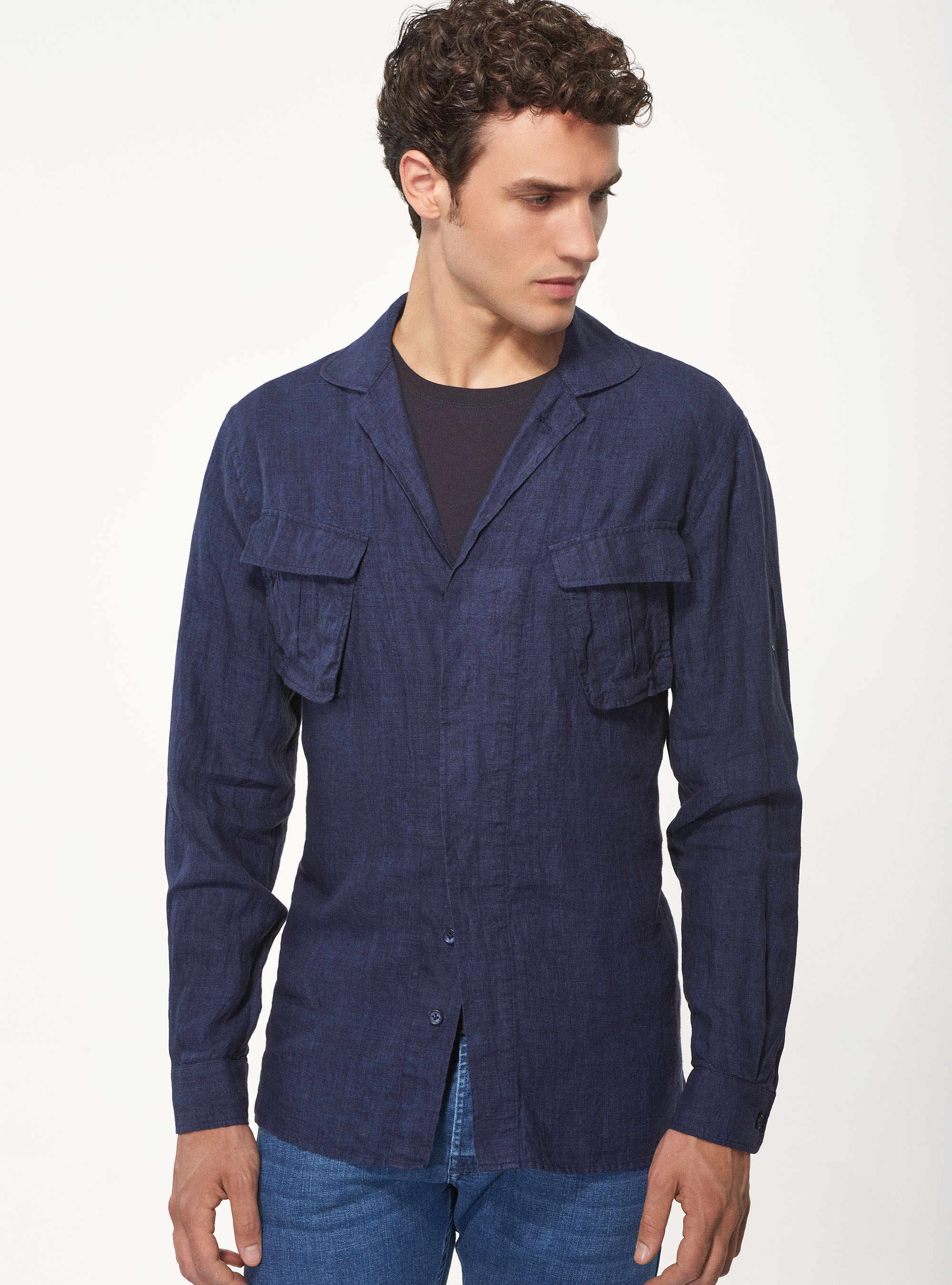 Giacca camicia in 100% lino, BLU NAVY