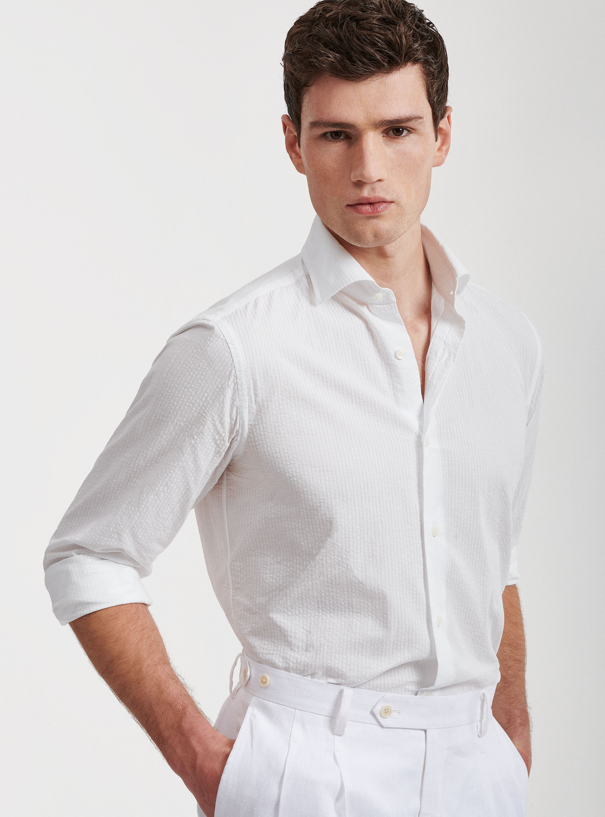 Camicia collo semi francese in cotone seersucker, BIANCO