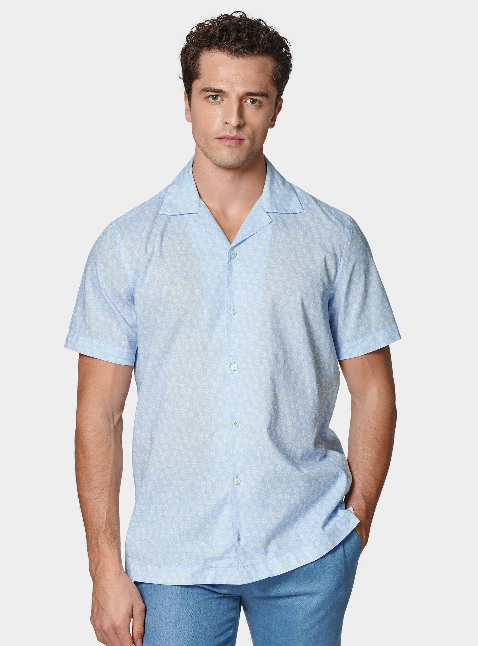 Camicia bowling in lino e cotone stampato, AZZURRO