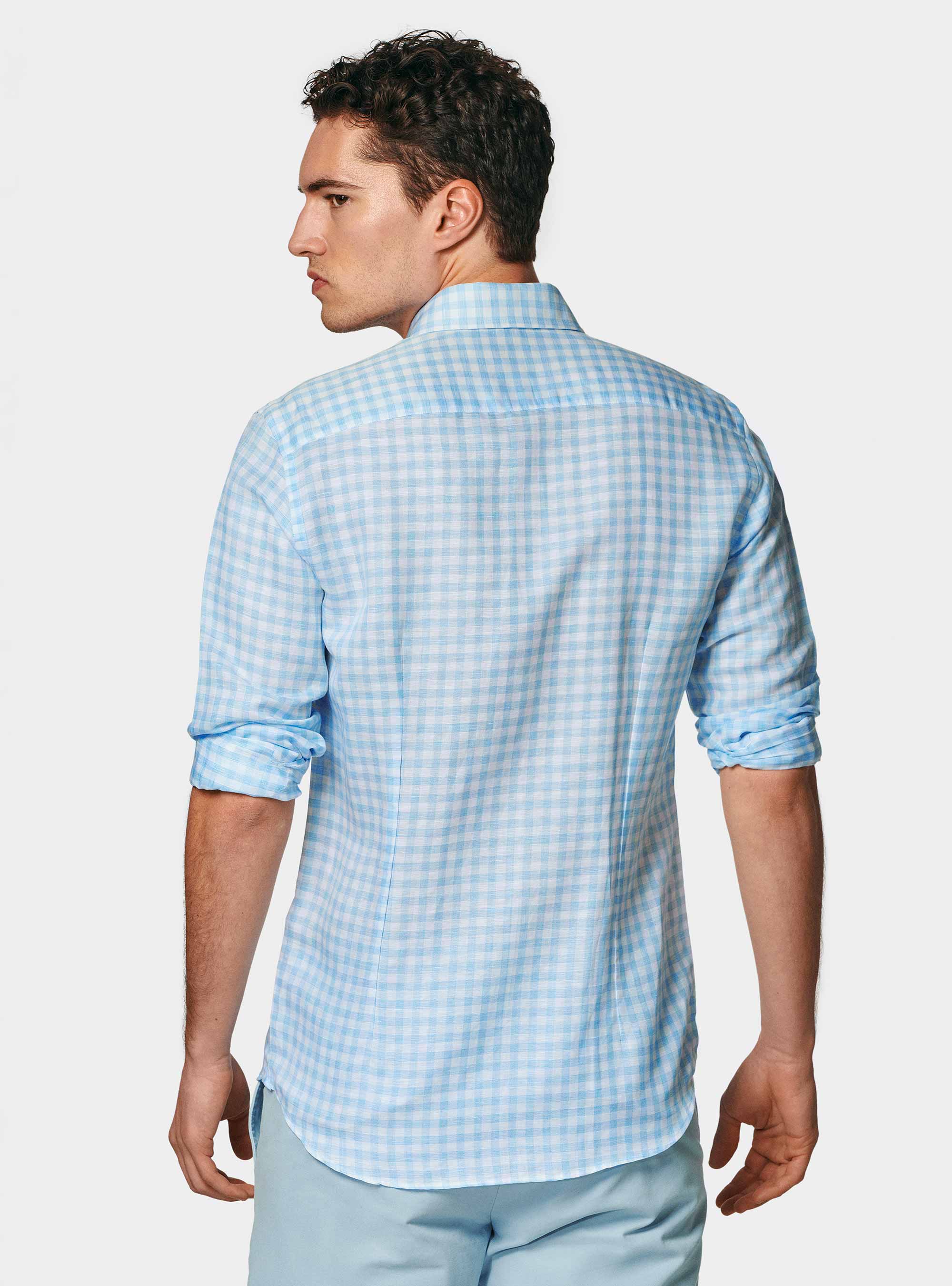 Light blue linen blend checked shirt, LIGHT BLUE