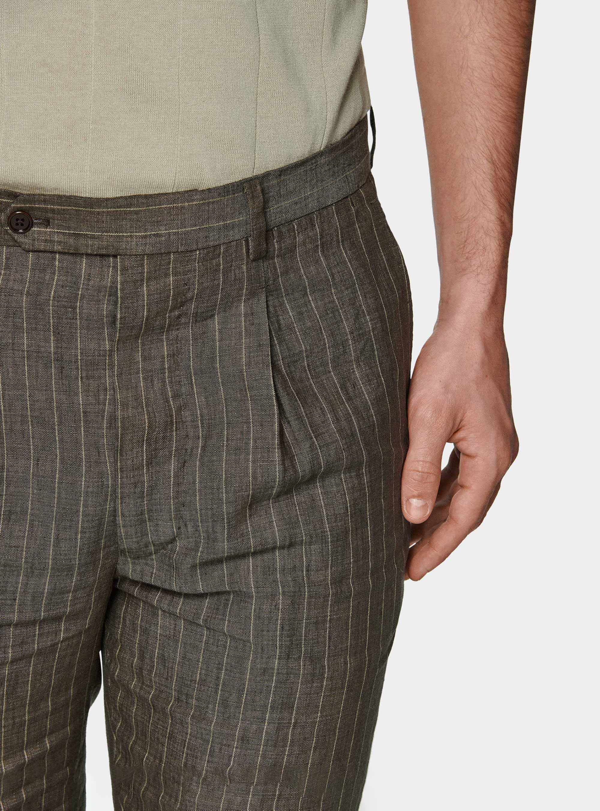 Double-breasted pinstripe suit trousers in delav&eacute; linen, BROWN