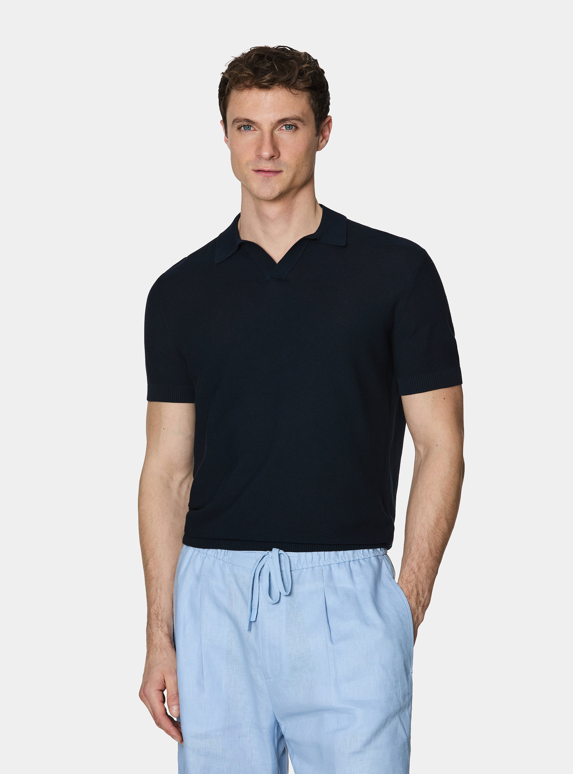 Knitted links polo shirt in extra-fine cotton, NAVY BLUE