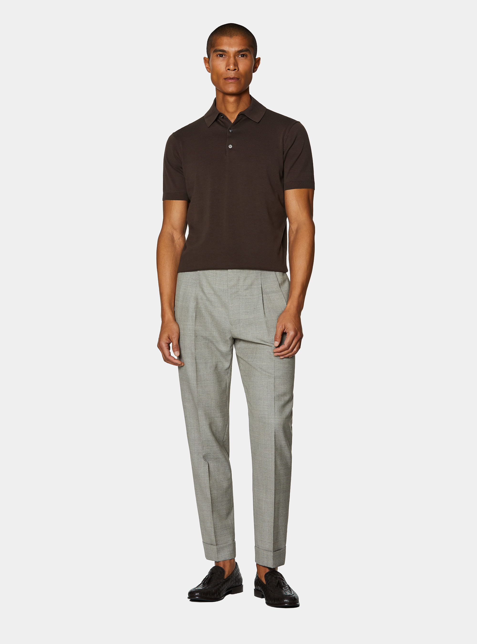 Extra-fine cotton knit polo shirt, BROWN