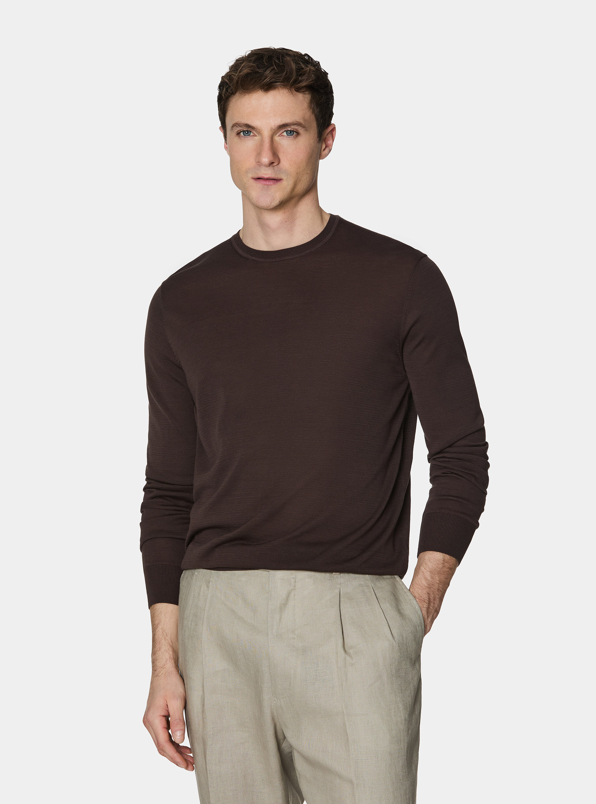 Rundhals-Pullover aus Baumwolle und Seide, MARRONE 0507C