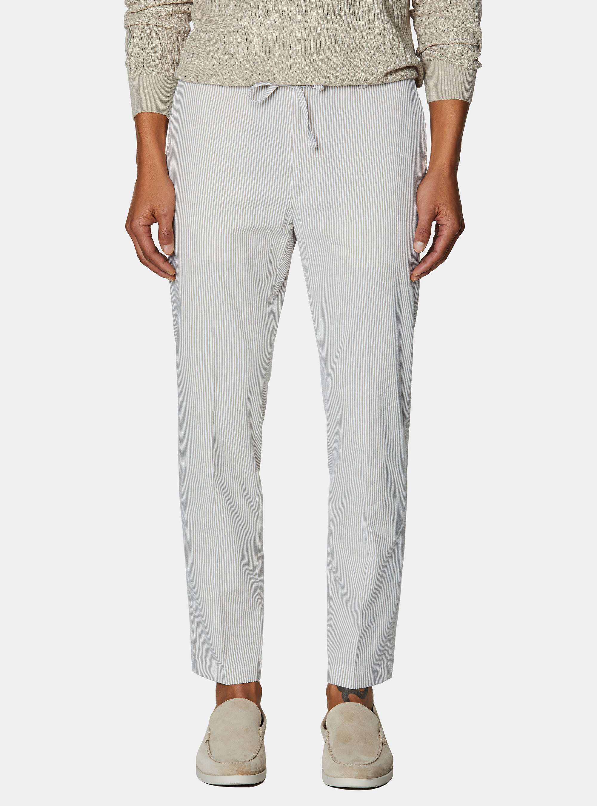 Seersucker cotton blend striped drawstring trousers, SAND