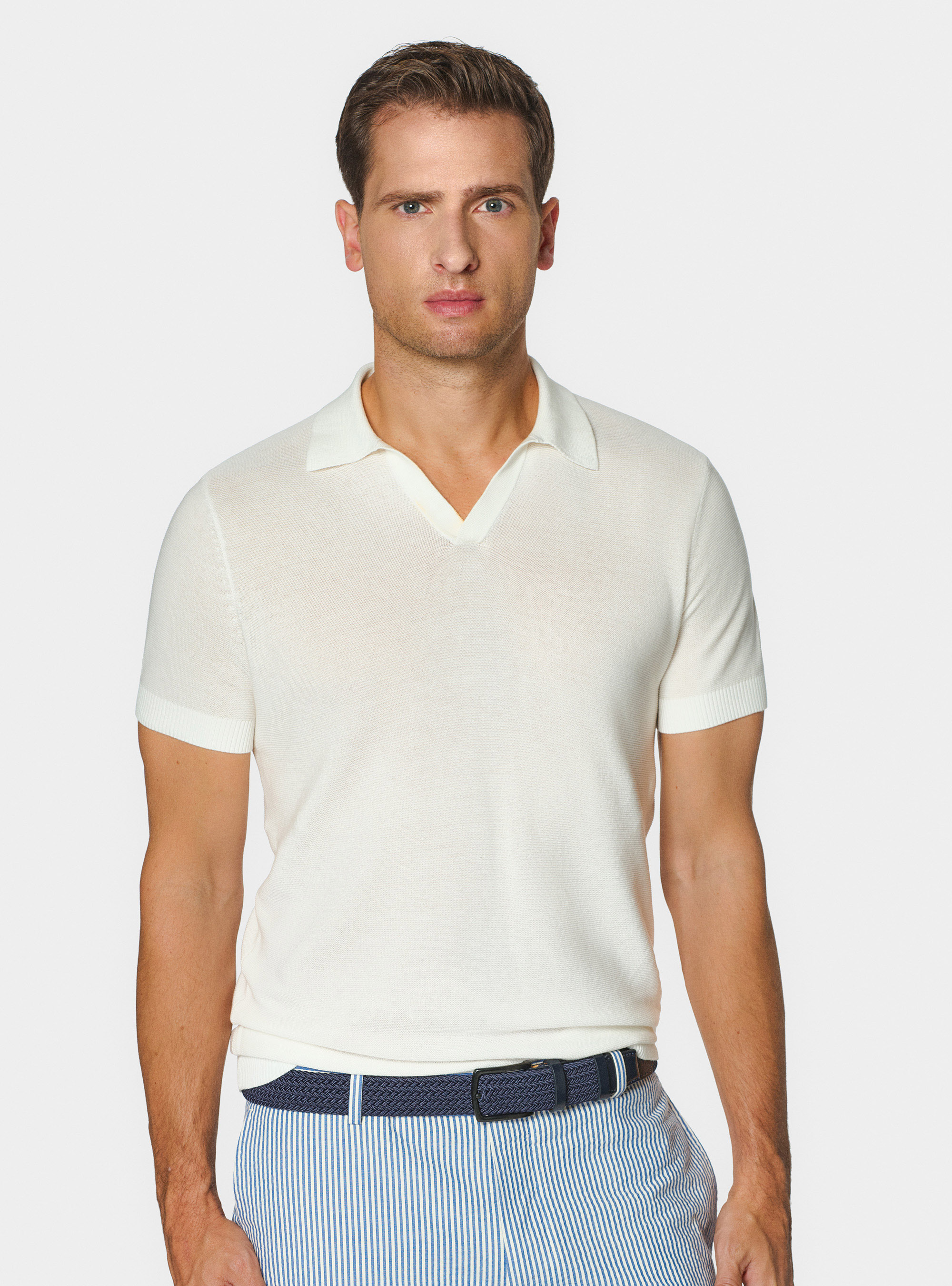 Polo de punto de enlaces en algod&oacute;n extrafino, BLANCO