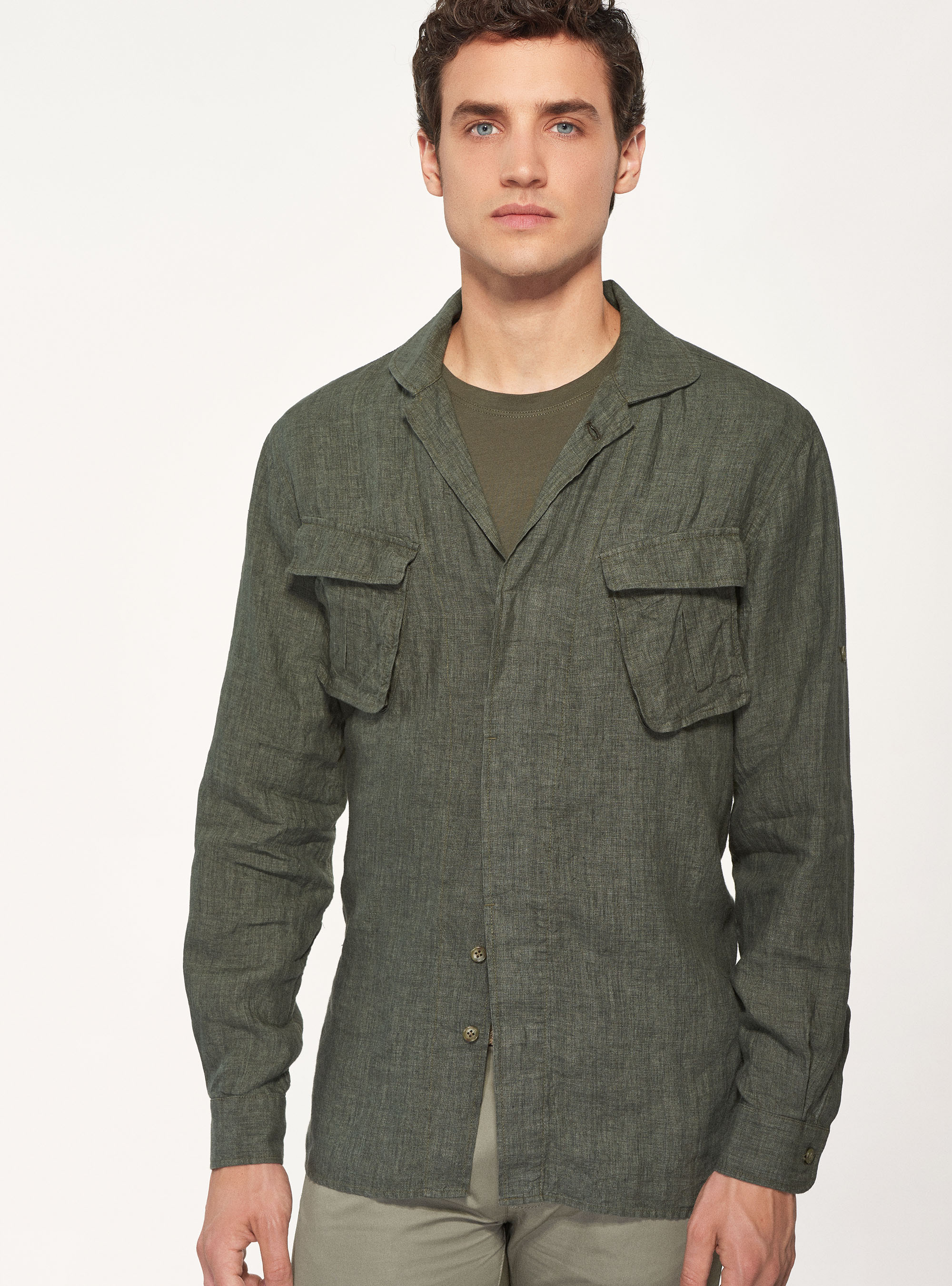 Giacca camicia in 100% lino, VERDE