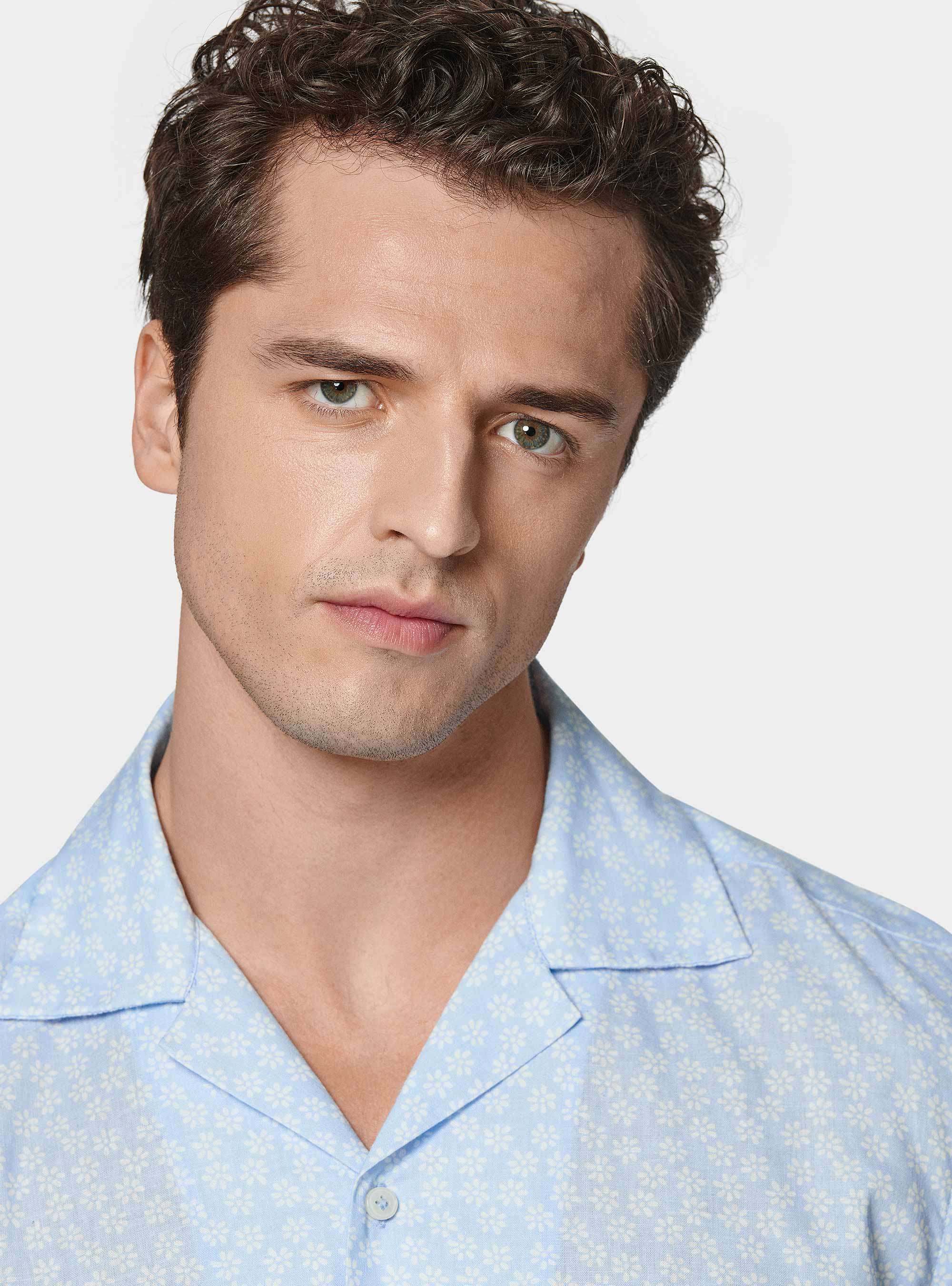 Camicia bowling in lino e cotone stampato, AZZURRO