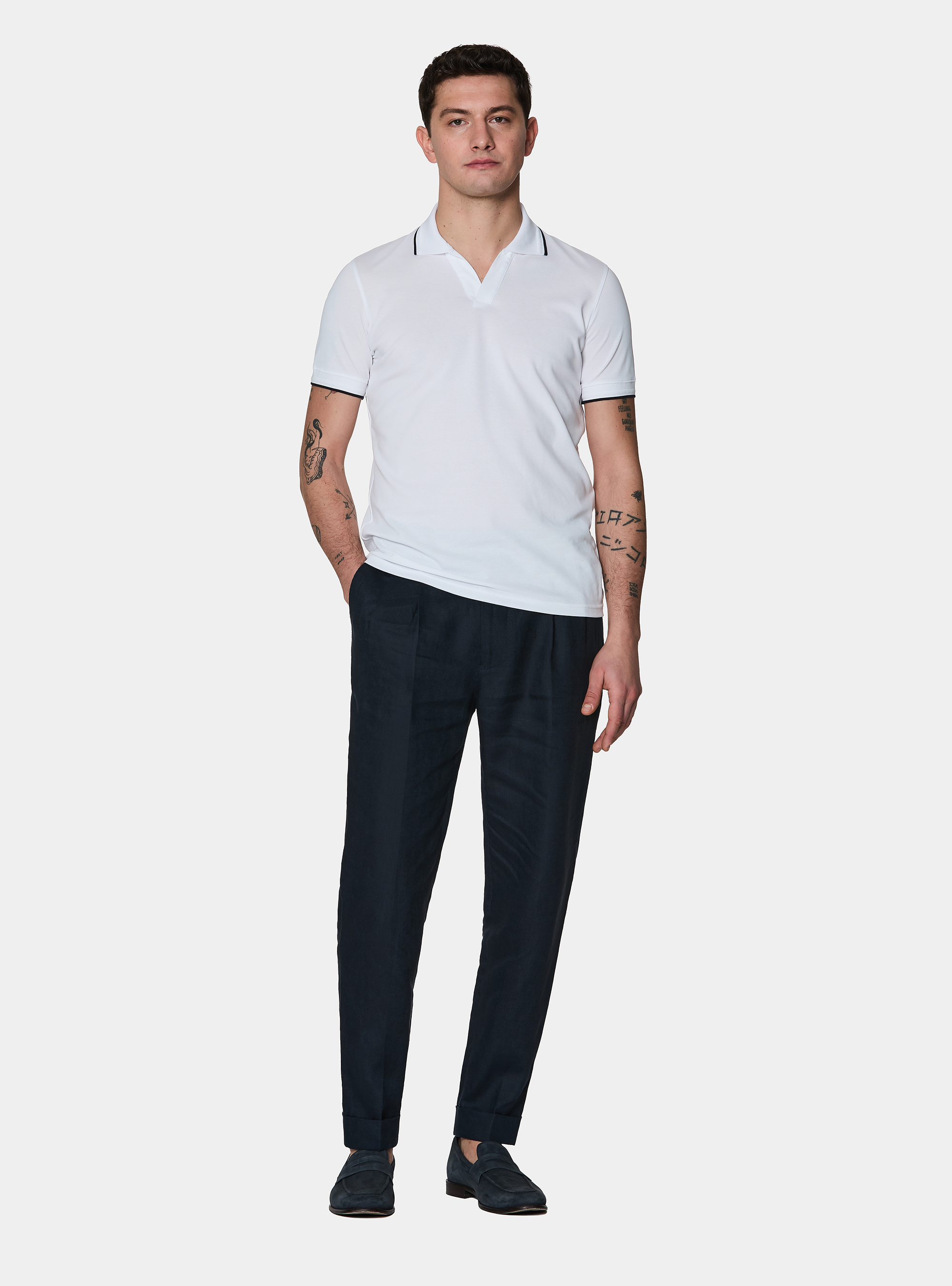 Pure linen double pleat trousers, NAVY BLUE